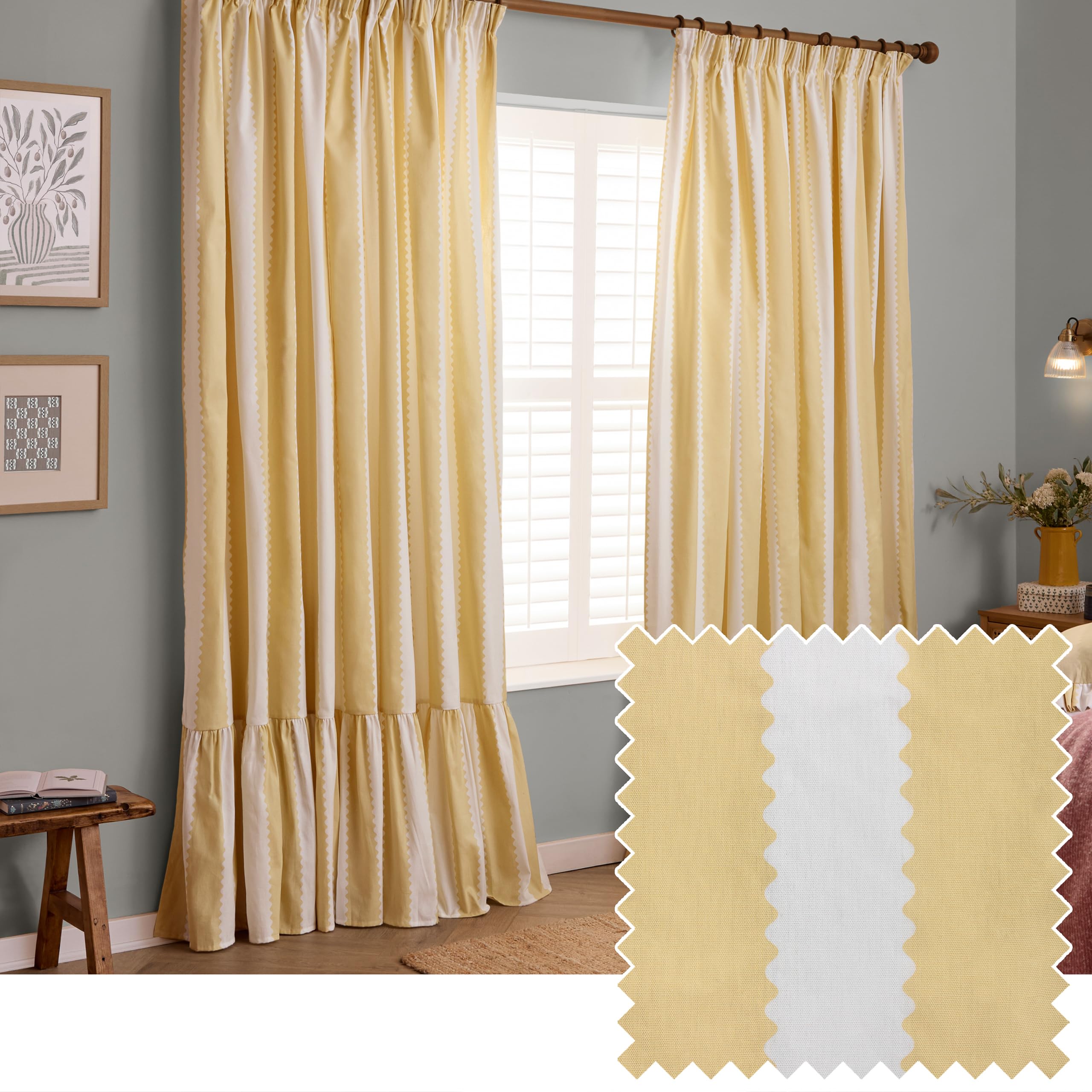 furn. Wylder Birdie Stripe Pencil Pleat Curtain Pair – Ruffled Cotton Striped Room Darkening Curtains (Butter Yellow – Width 117 x Drop 137cm)