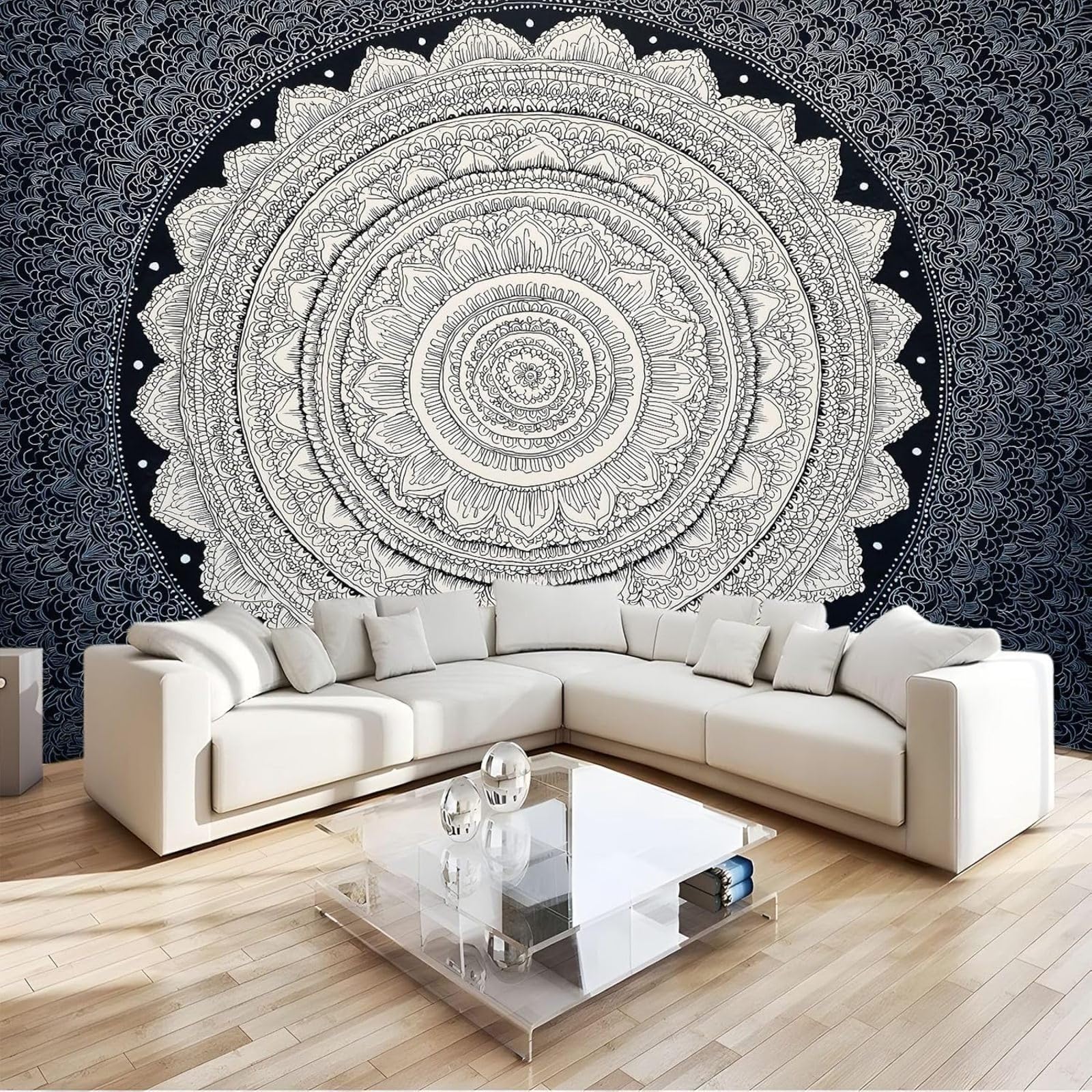 hgjdjhnf Indian Style Black Linear Pattern Photo Wallpaper 350cm x 256cm Wall Decor for Living Room Bedroom Office Hallway