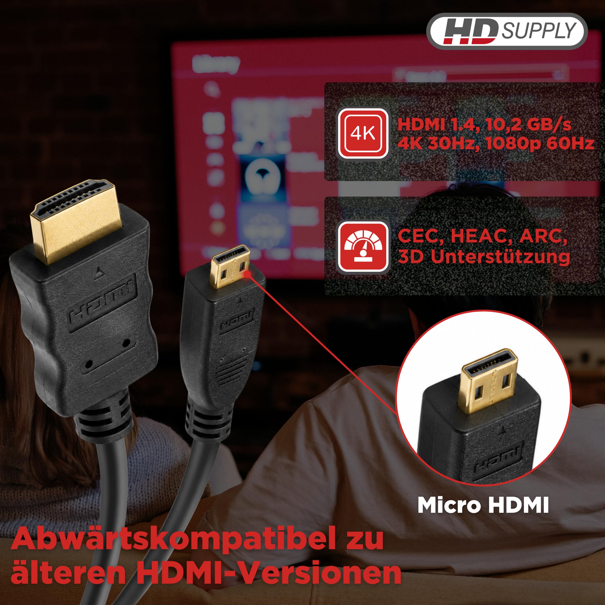 HDSupply High Speed Micro HDMI kabel z Ethernet 5,00 m | HDMI-A na HDMI-D, Full HD 1080p, 2-krotnie ekranowany, pozłacane styki do komponentów AV