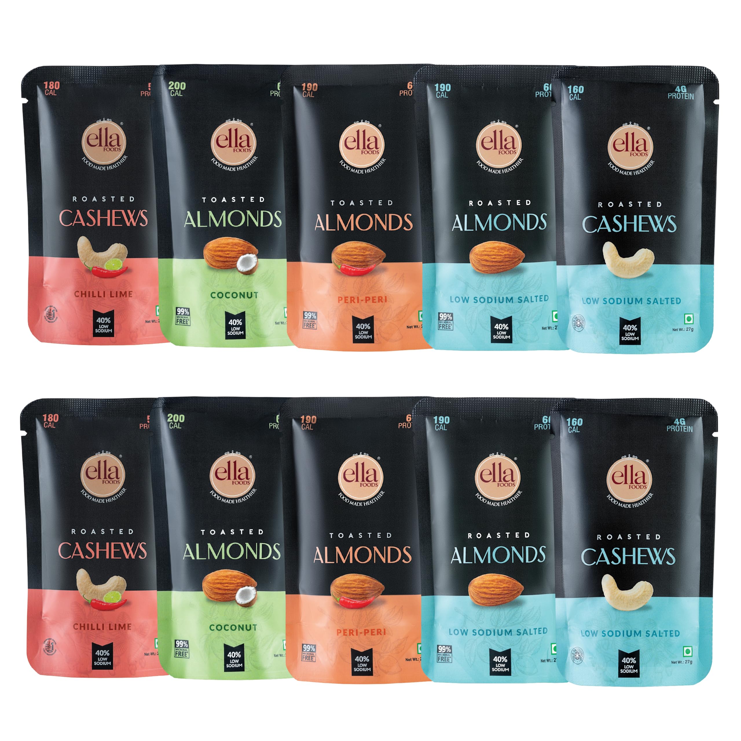 Ella Foods Premium Nut Snack Assortment | Salted Almonds, Peri Peri Almonds, Coconut Toasted Almonds, Chilli Lime Cashews & Salted Cashews | 27g Each | Pack of 10 (2 of each Flavor) | Savory, Spicy & Sweet | Rich in Protein & Nutrients | No Artificial Additives