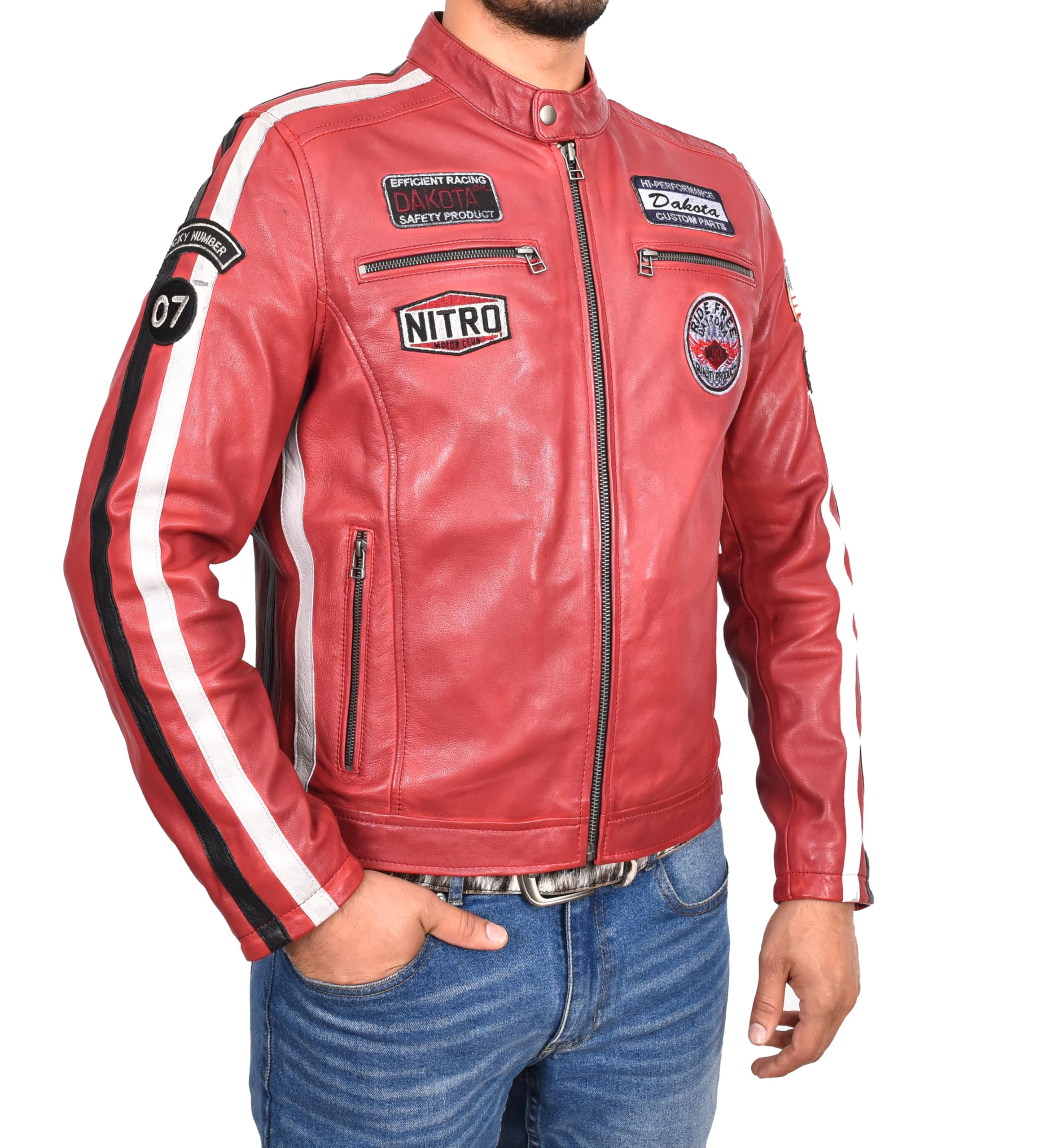 Divergent Retail Men's Red Real Leather Biker Jacket Motorsport Racing Style Badges Striveo Size 3XL