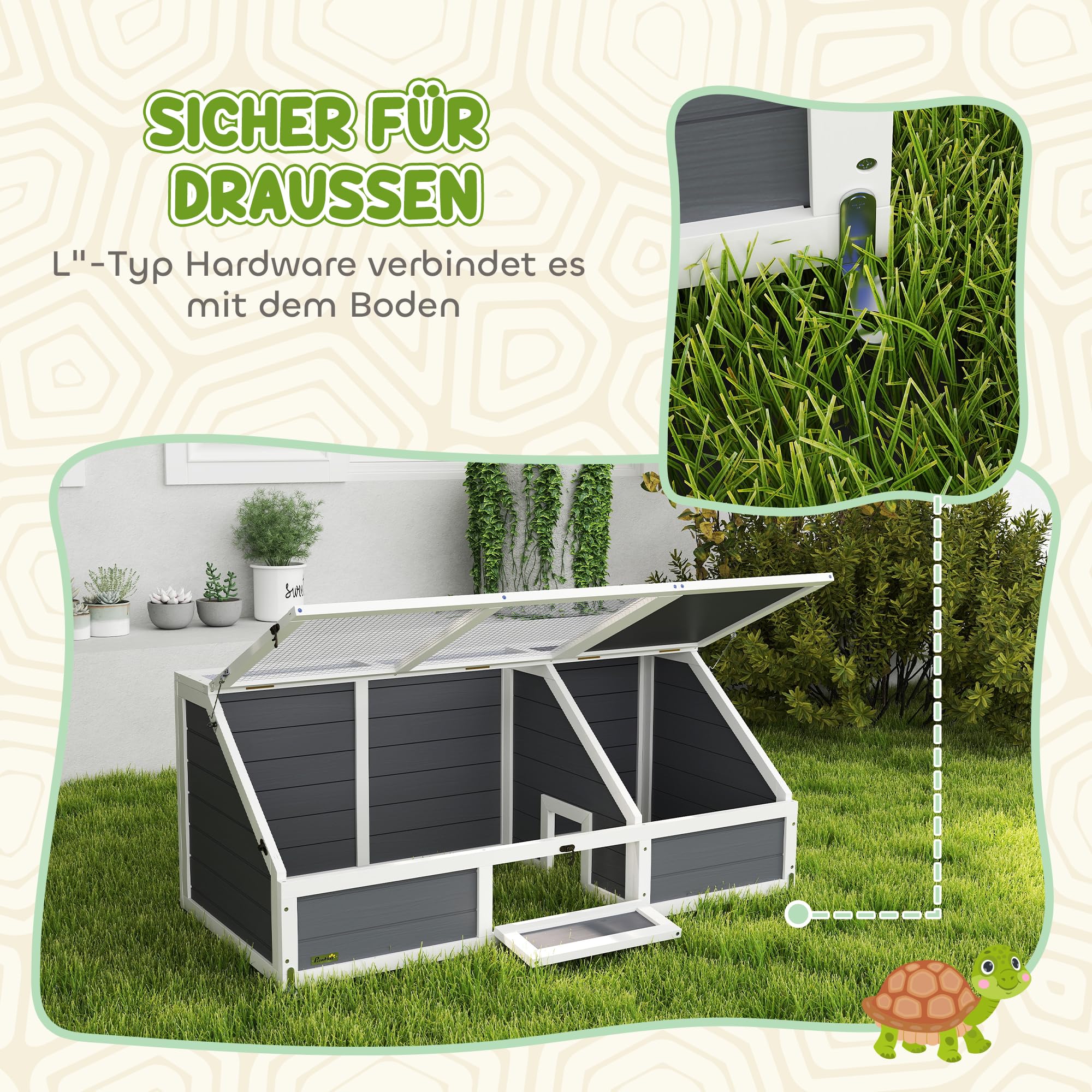 PawHut Schildkrötenhaus aus Holz Schildkrötengehege mit Haupthaus, Spielplatz, aufklappbarem Oberseite, Verschlüssel Reptilienkäfig Kaninchenstall für Amphibien Indoor Outdoor 120x55x50 cm Hellgrau