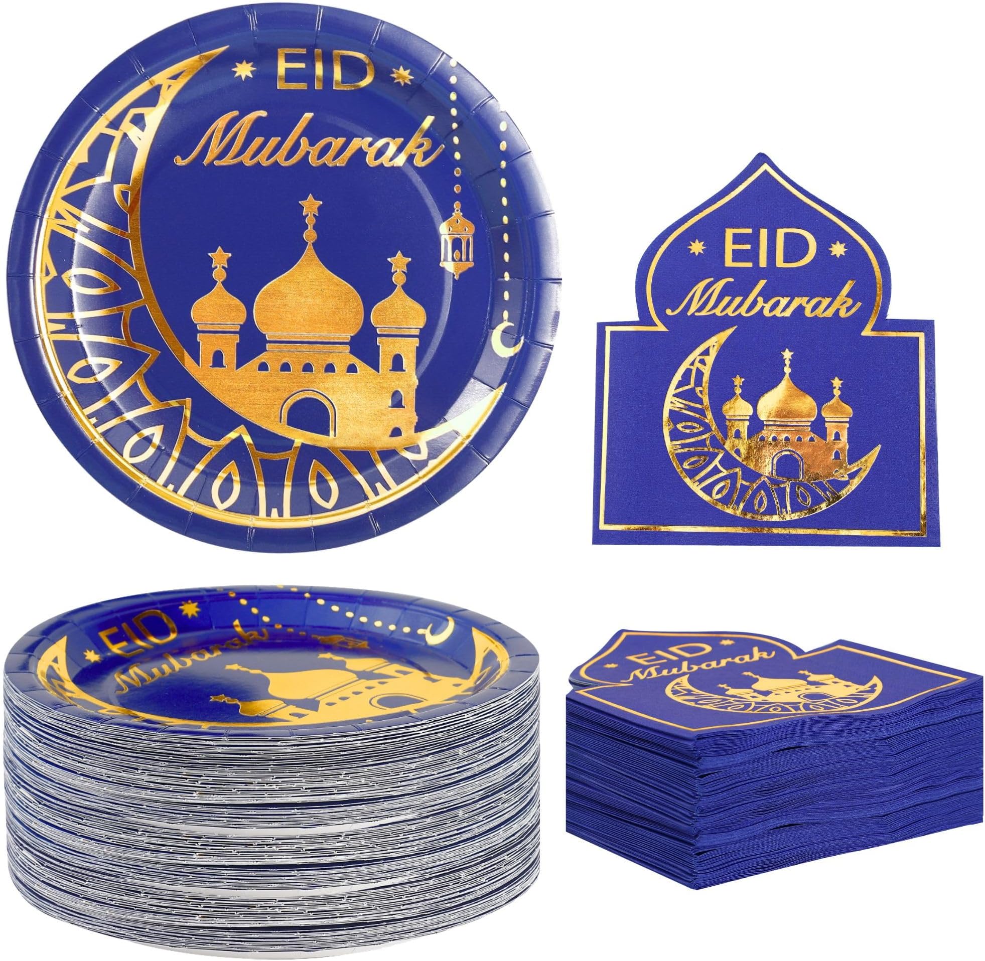 Winoo Design Eid Mubarak Plates and Napkins Set - 50 PK - Bluk Ramadan Eid Mubarak for Eid Mubarak Decorations Party Supplies Ramadan Plates and Napkin Navy Blue