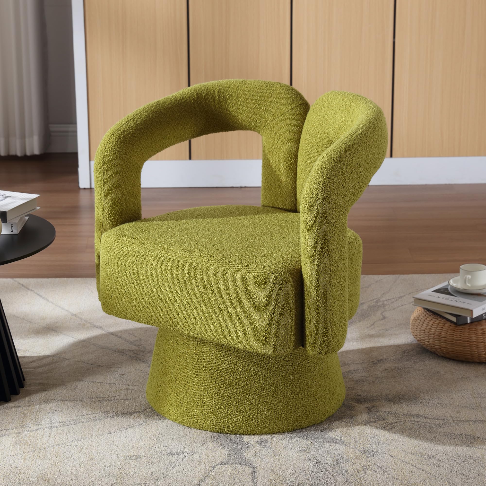 (Old SKU:W1880P163401) 360 Grad drehbare Kuschelfass-Akzentstühle, runde Sessel mit breiter Polsterung, Flauschiger Stoffsessel für Wohnzimmer, Schlafzimmer, Büro, Warteräume, Oliv