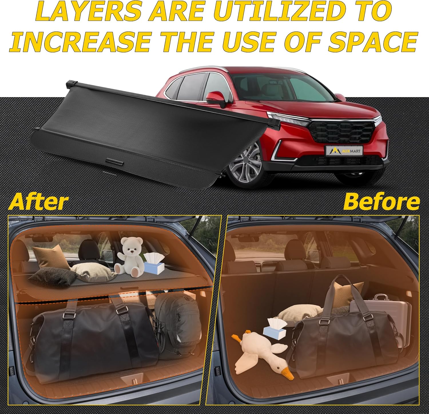 AUXMART Cargo Cover Fit for Honda CRV 2023 2024 2025 2026 (Include Hybrid) Waterproof Retractable Trunk Security Cover Shielding Shade Accessories for Honda CRV Cargo Cover Carbon Fiber Texture
