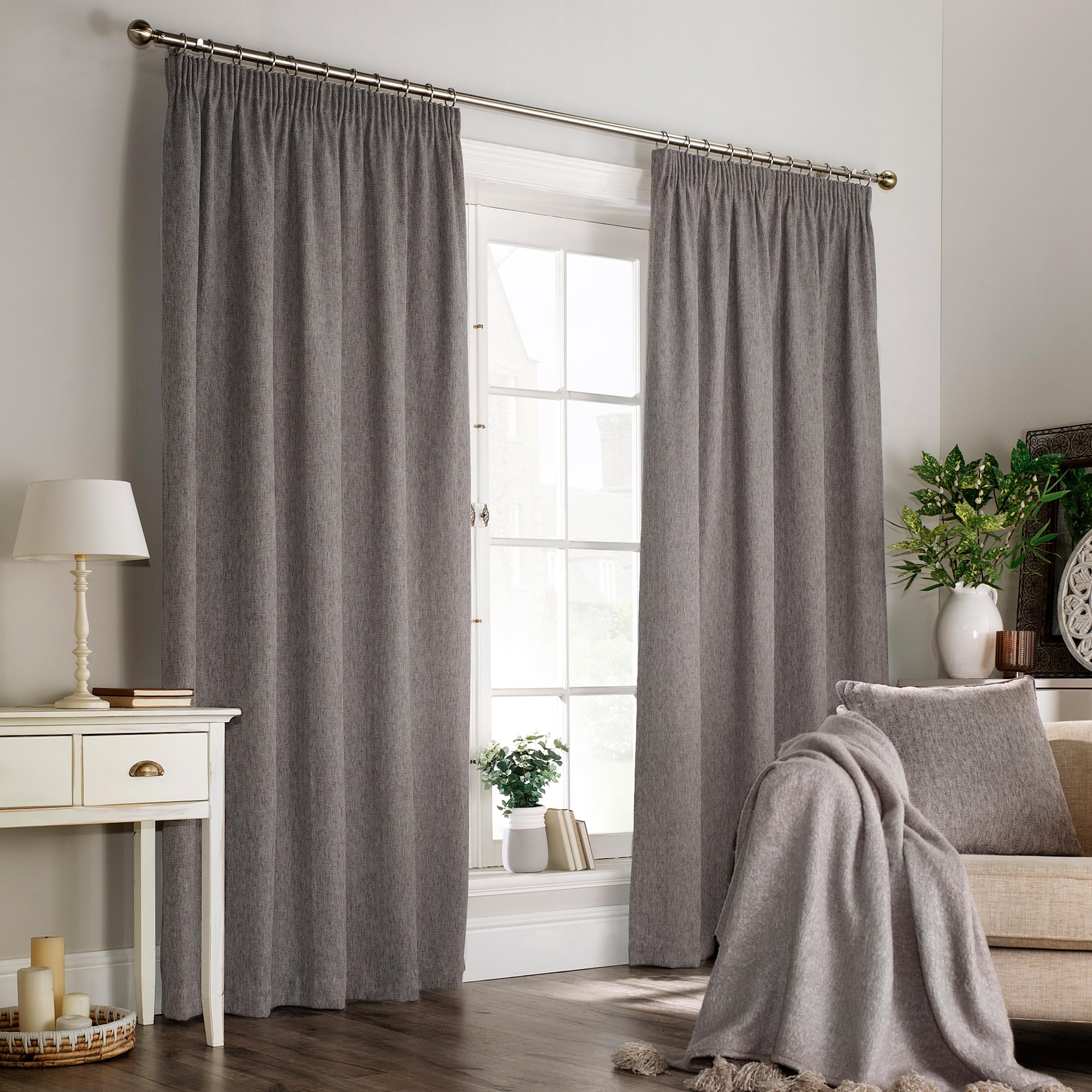 furn. Harrison Herringbone Weave Pencil Pleat Curtain Pair - Grey - 229x183cm