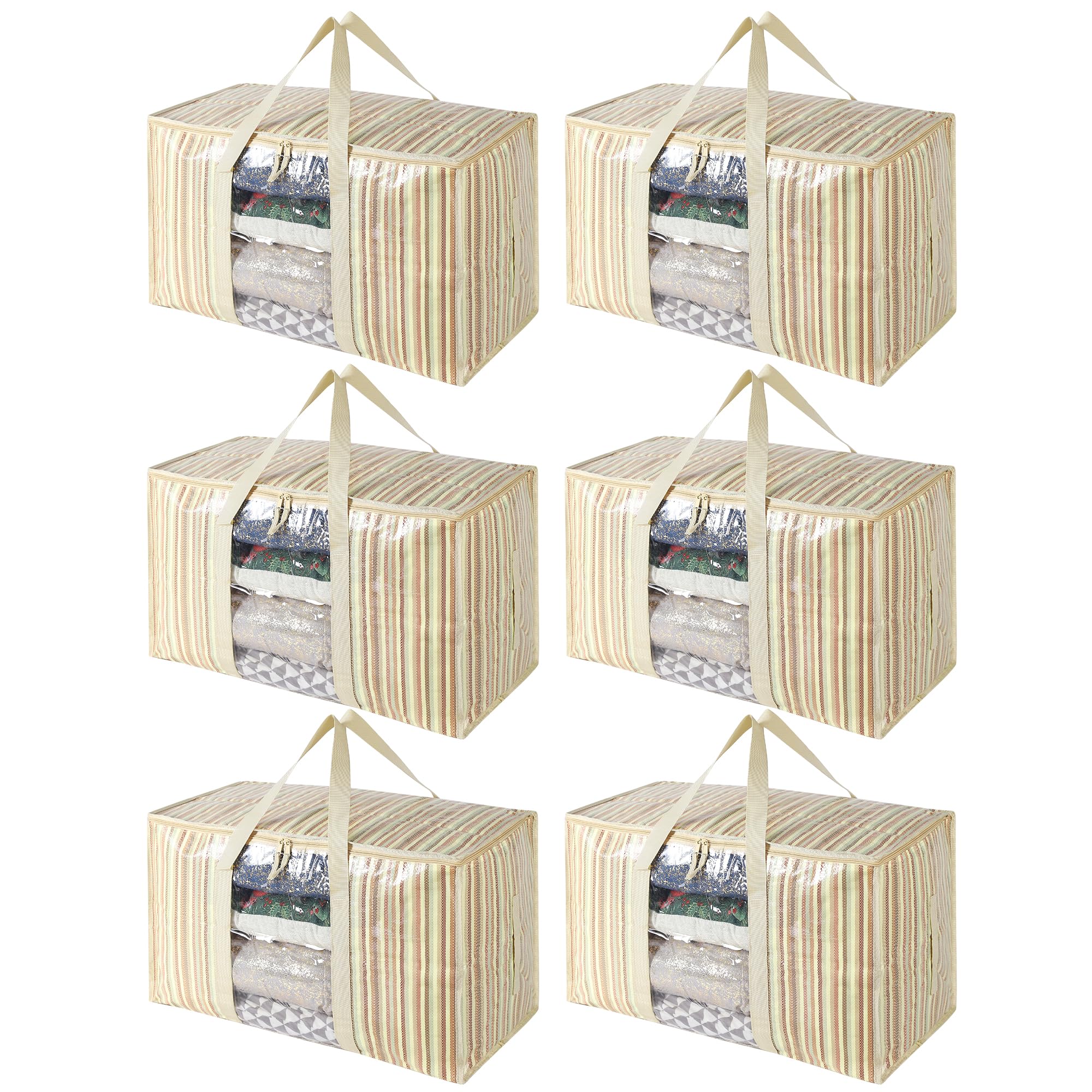 Reniteco Extra große Umzugstaschen, robuste Aufbewahrungstaschen, Packtaschen, platzsparende Taschen, Tag-Tasche, Umzugstaschen (Farbstreifen mit Fenster, 6er-Pack)