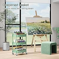 Vista 5 de Carrito de almacenamiento de 3 niveles de metal con ruedas, carrito de pañales de bebé verde, organizador de tres niveles sobre ruedas, carrito