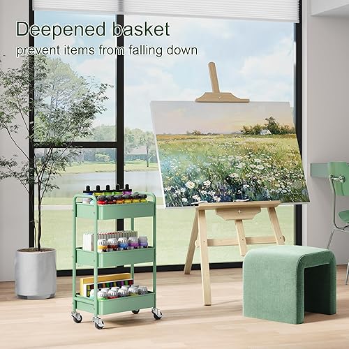 Miniatura 5 de Carrito de almacenamiento de 3 niveles de metal con ruedas, carritos verdes para pañales para bebé, organizador de carrito de manualidades de tres