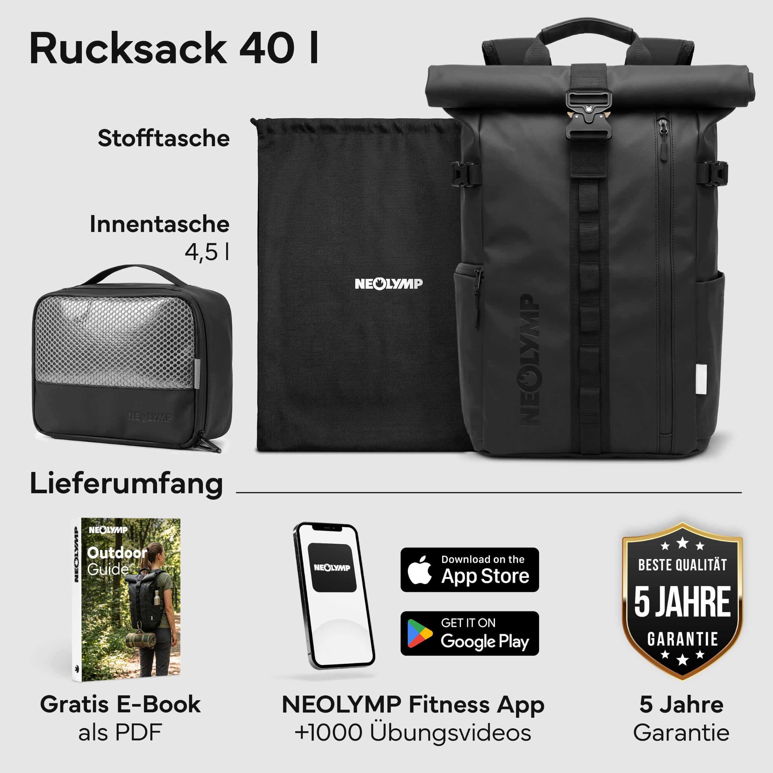 NEOLYMP Zaino da uomo e donna, impermeabile, con grande scomparto per laptop, Wet Case e accesso alla schiena, espandibile in modo flessibile, zaino da viaggio, zaino da trekking, zaino sportivo