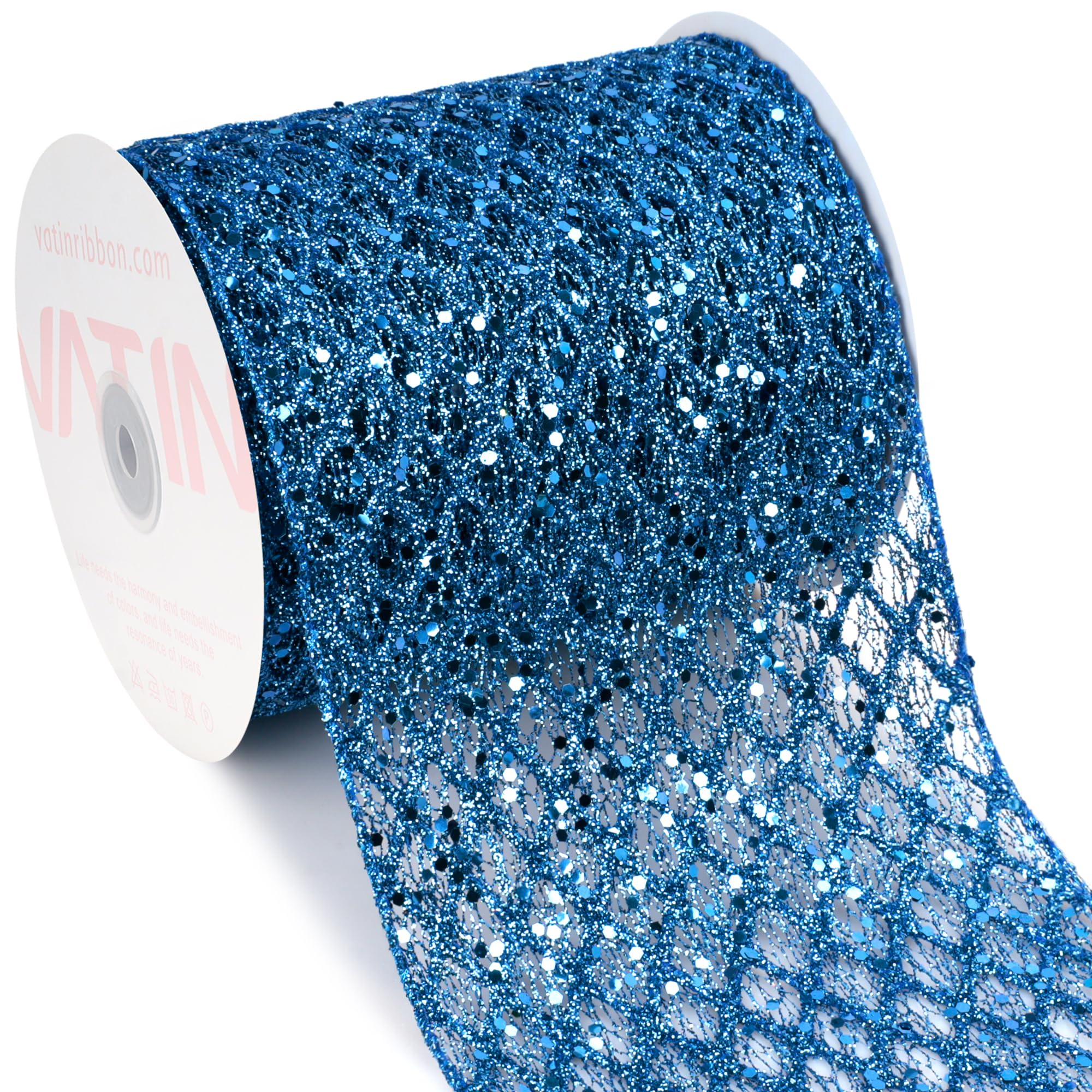 VATIN Blue Glitter Wired Ribbon 16cm x 9 Metres for Christmas Decorations, Wreath Supplies, Tree Bow, Crafts - Sparkle Christmas Ribbon