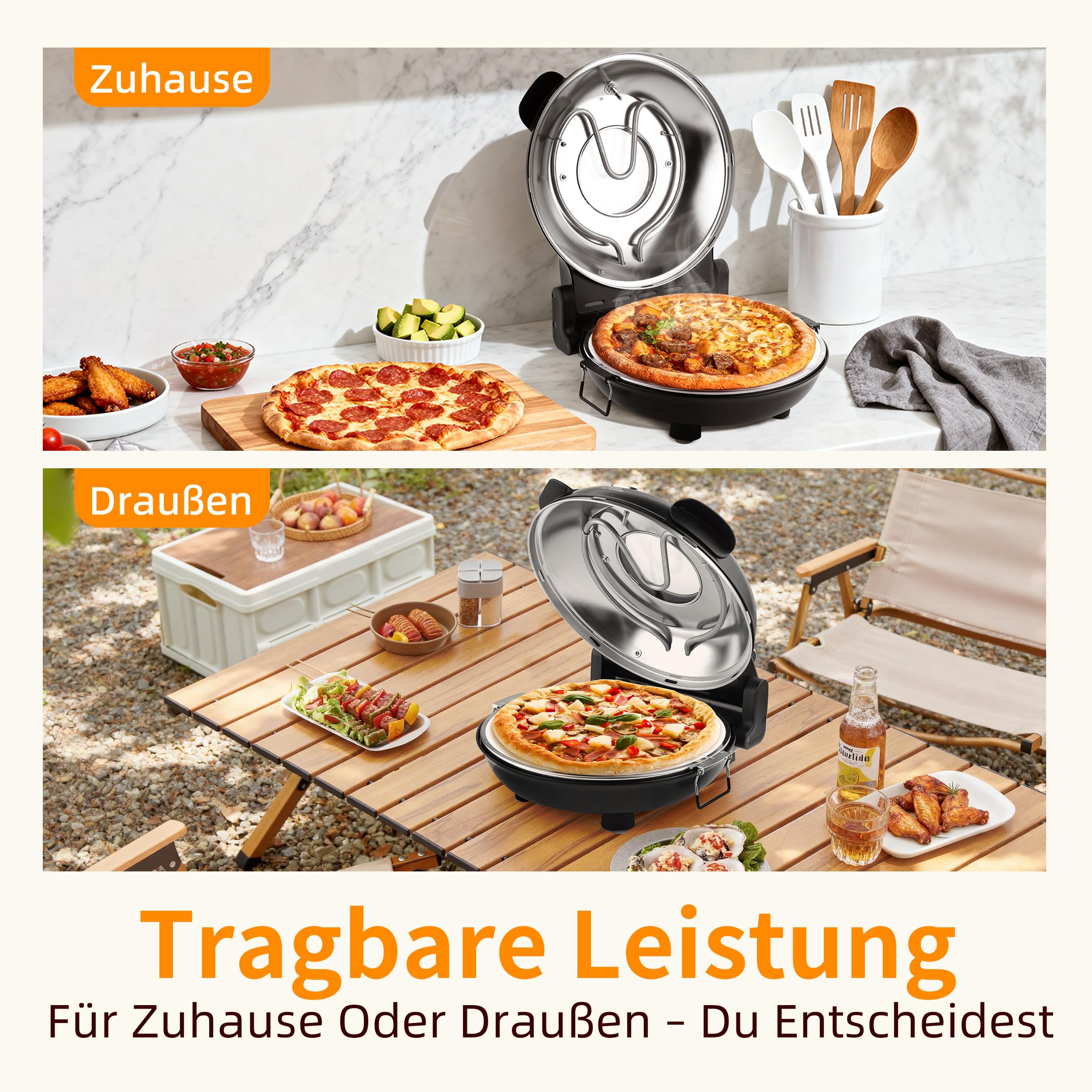 Pizzaofen elektrisch, 1200W Pizzabäcker in 4-Min-Pizza, 31cm Feuerfeste Pizzastein, Max 420℃ Pizzaofen mit 5 Garstufen, inkl. Pizzaschaber & Pizzaschieber, Schwarz