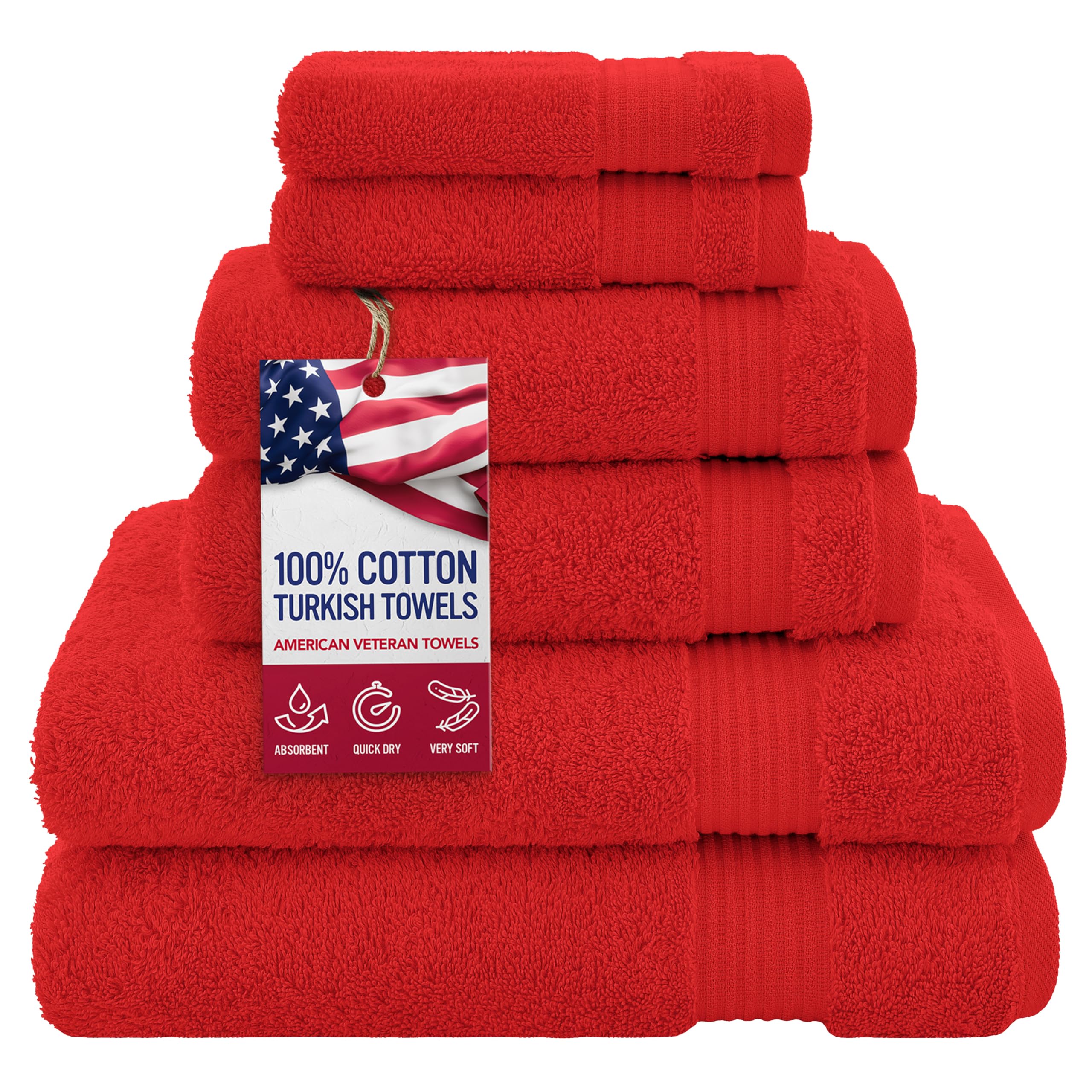 American Veteran Towel, 100% Cotton Turkish 6 Piece Towel Set, Luxury Towels Set of 6 for Bathroom Essentials, 2 Bath Towels 2 Hand Towels 2 Washcloths, Red