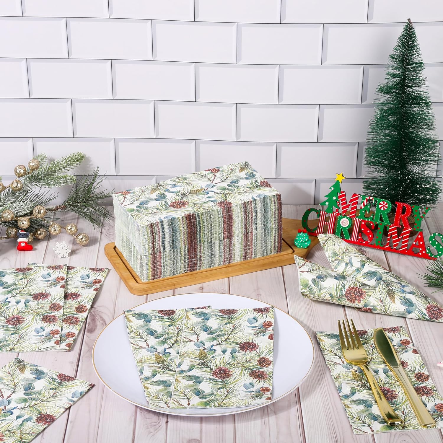 100 Christmas Party Napkins Winter Pine Branches Cones and Eucalyptus Disposable Paper Guest Napkin Watercolor Greenery Holiday Dinner Hand Towel for Party Supplies Table Decor (13 x 15.7inch)