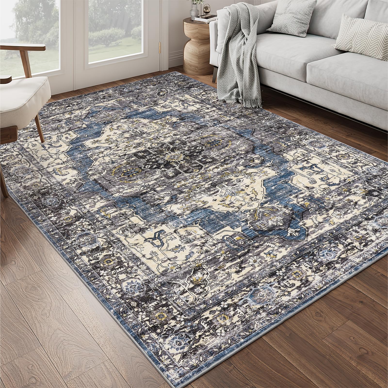 befbee 5x7 Area Rugs for Living Room, Stain Resistant Neutral Washable Rugs for Dining Room, Floral Vintage Non-Slip Thin Large Size Area Rug (Blue/