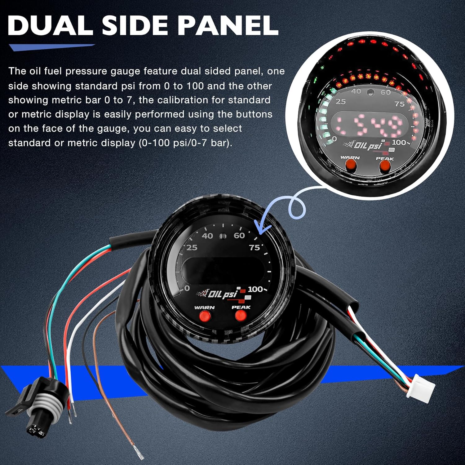 30-0301 X-Series Oil Fuel Pressure Gauge 10Psi 7Bar 52mm 2-1/16", with Black Bezel Faceplate, Digital Display, Wiring Harness, 300301 Electric Boost High Accuracy Fluid Pressure Gauge Meter Assembly