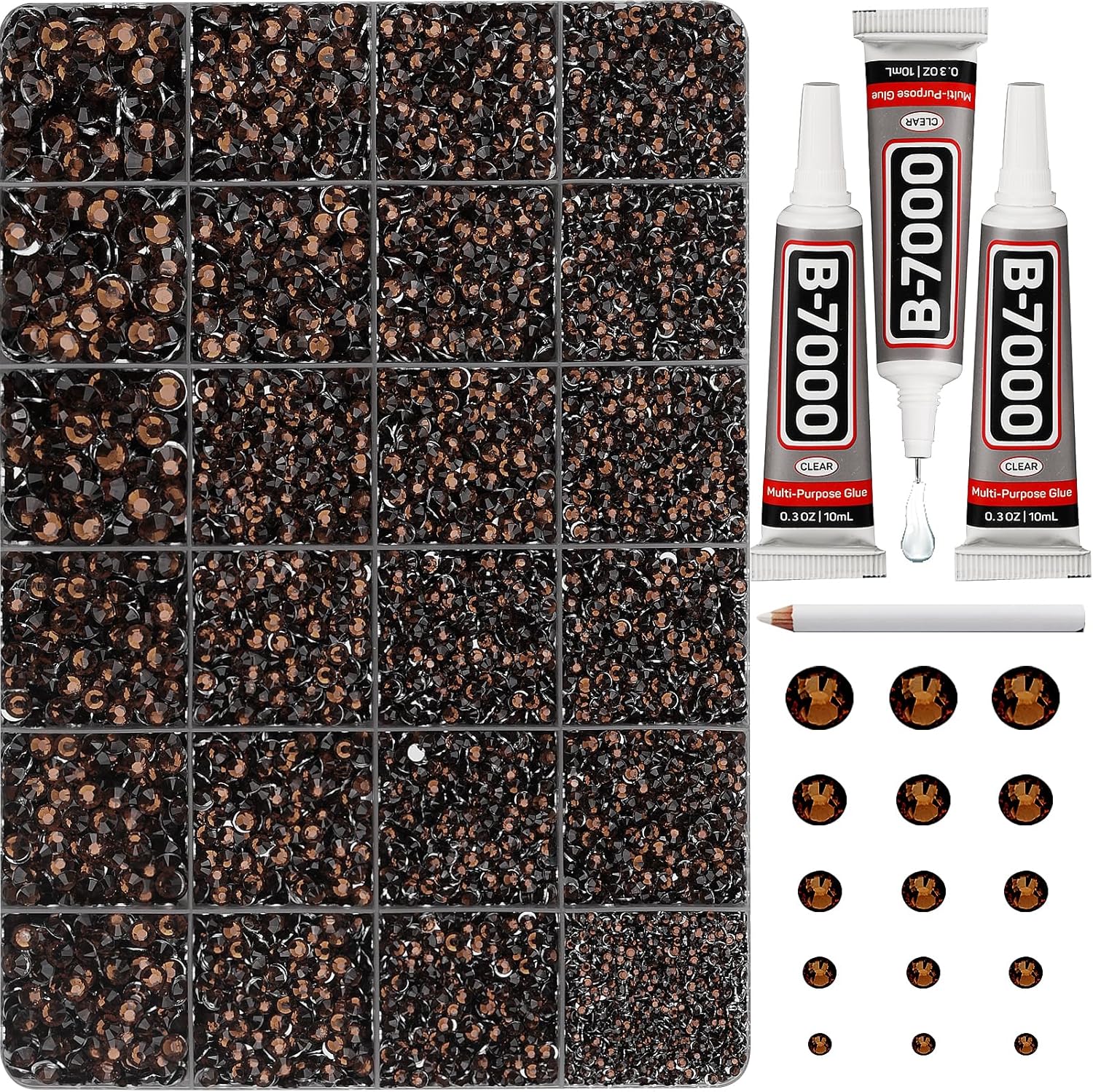 30000Pcs Resin Rhinestones Set for Crafting Bedazzling, Brown Flatback Gems Jewels for Crafts Clothes Shoes Fabric Outfit Nails Makeup, Flat Back Crystal 2-6mm with b 7000 Glue Large Pack + 3pcs Glue Brown 2-6mm