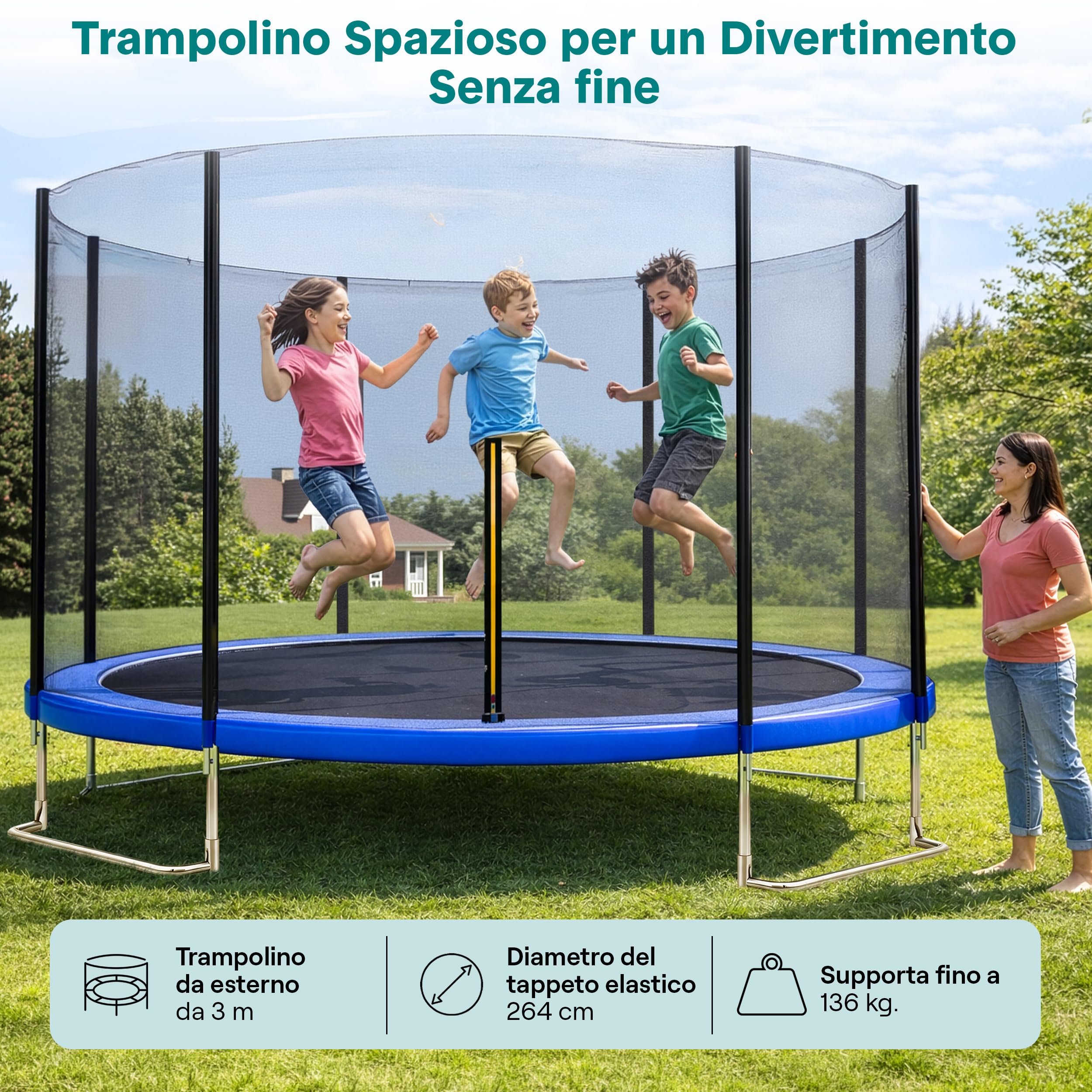 SereneLife Trampolino Elastico per Bambini 305 cm, Tappeto Elastico Rotondo, Nero, con Rete di Sicurezza, Struttura Robusta per Esterno e Interno