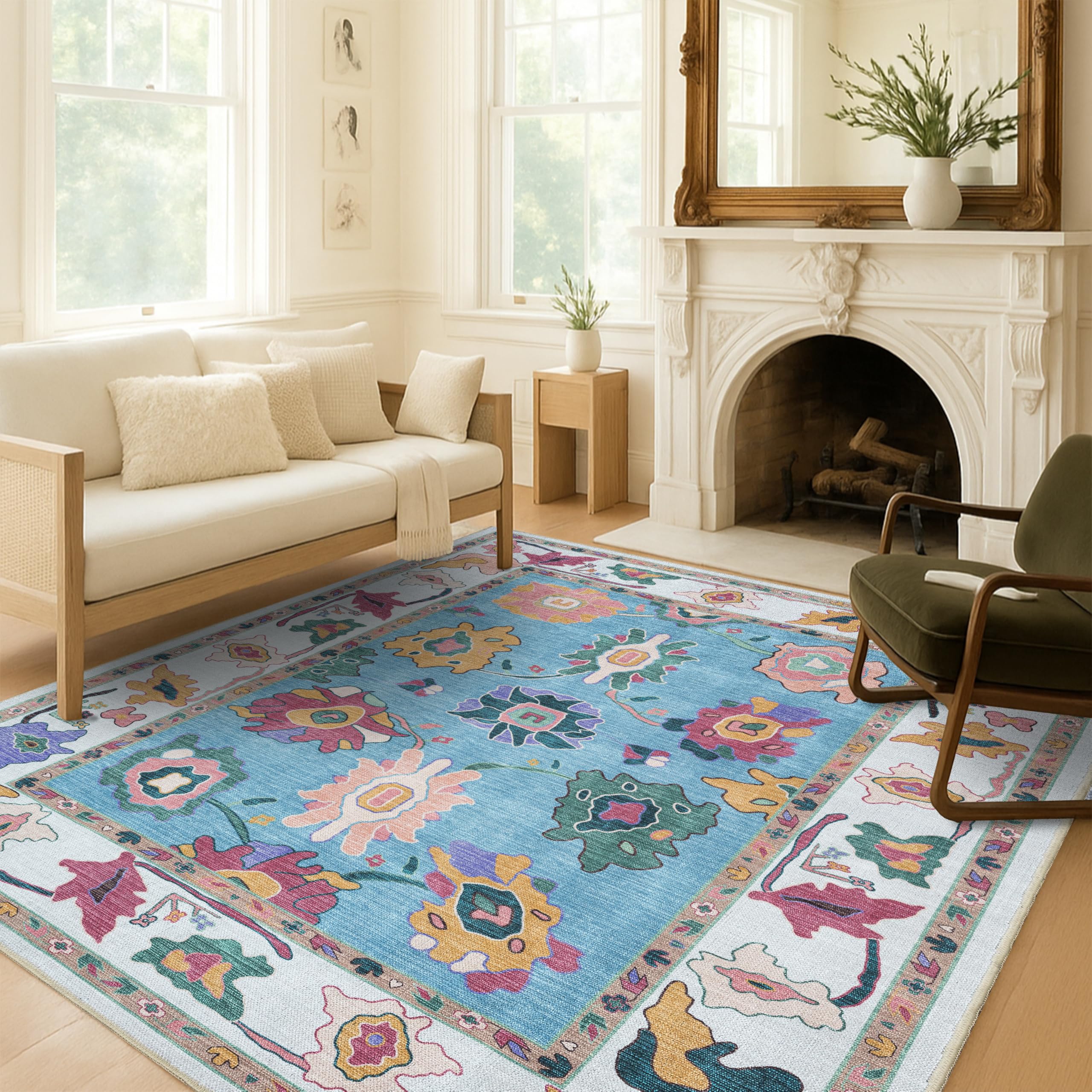 Fame Living Colorful Oushak Rug, Modern, Vintage, Turkish, Eclectic, Floral, Pastel, Washable, Area Rugs for Living Room, Dining, Bedroom, Office,