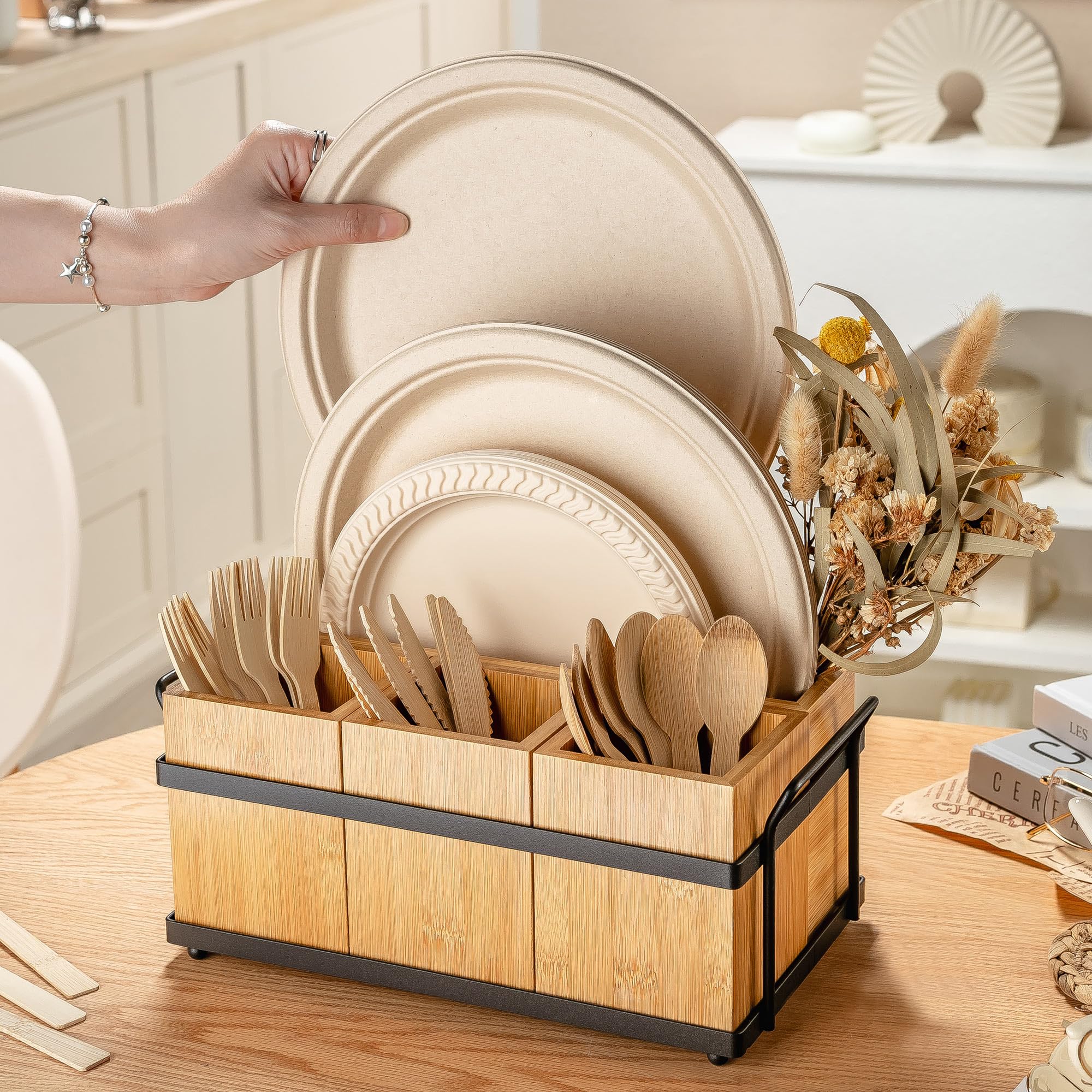 PTSTING Organizador de cubiertos de madera, dispensador de platos de papel, organizador de cubiertos para cucharas, tenedores, platos, servilletas
