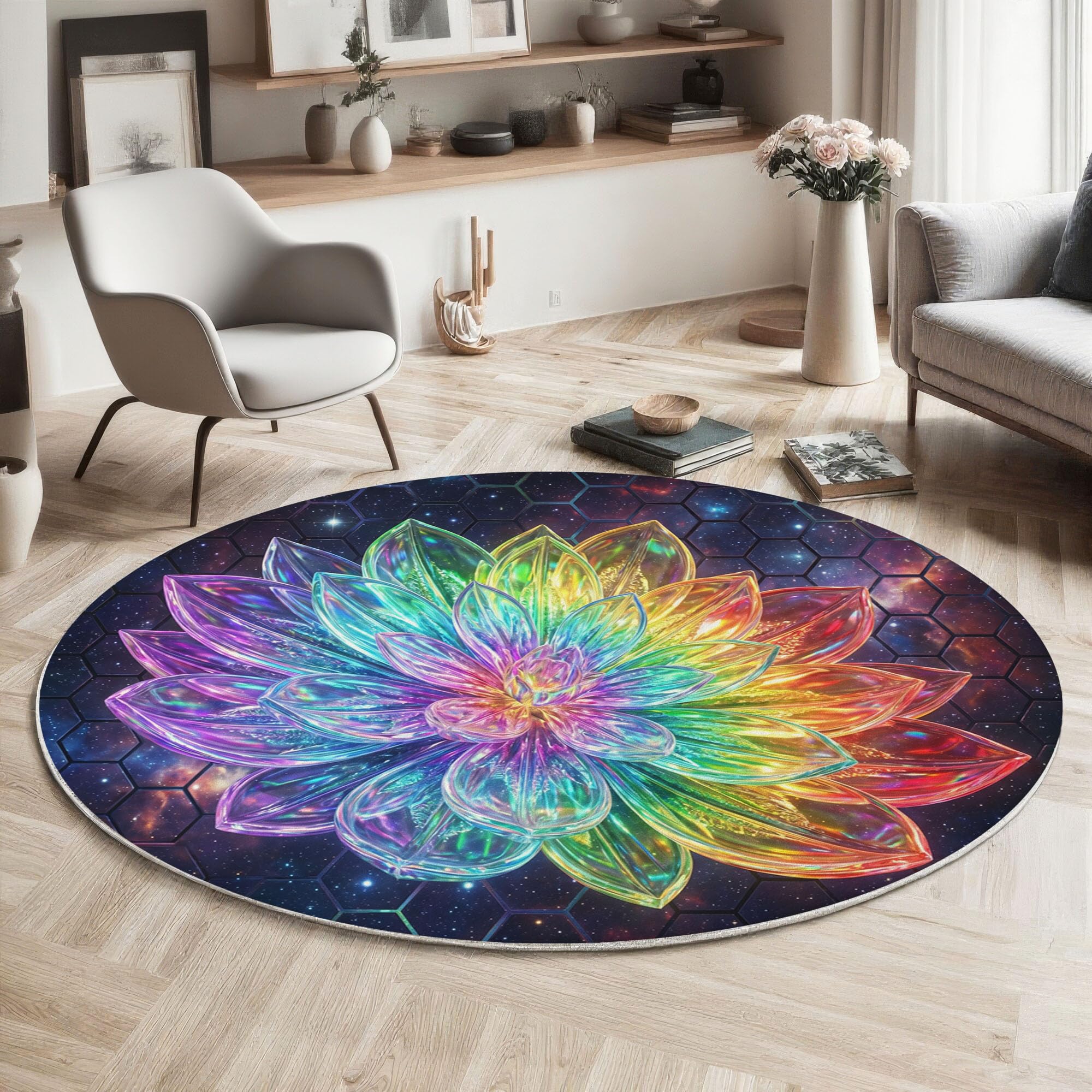 Tapis Rond 100cm Lotus De Cristal Arc-en-Ciel pour Chambre, Géométrie Cosmique Onirique Rond Tapis Antidérapant Lavable en Machine Cuisine Salon Adulte Interieur Bureau Cuisine Decoration