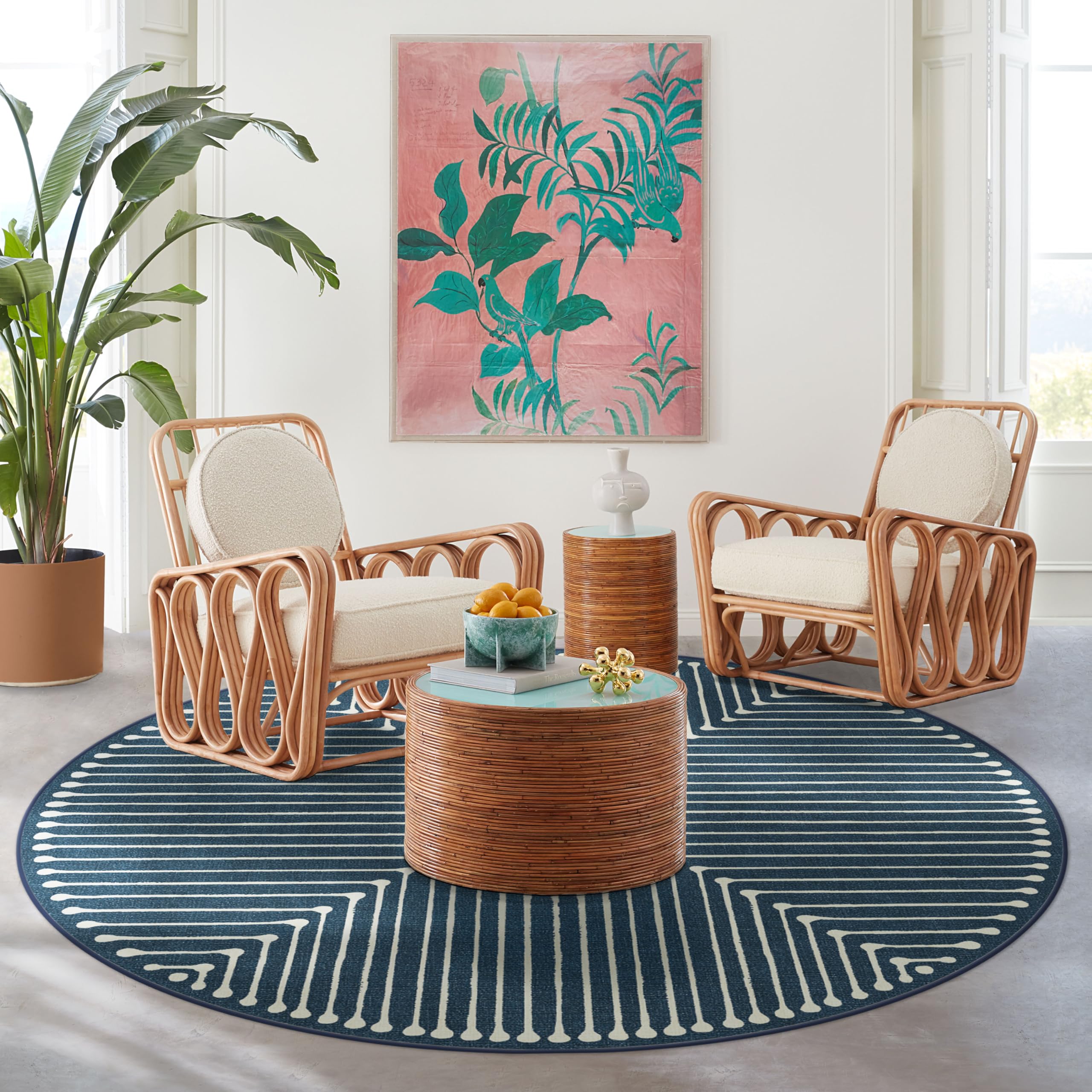 RUGGABLE x Jonathan Adler Machine Washable Modern Area Rug– Inkdrop Lapis Blue 8 ft Round, Stain-Resistant, Non-Slip with Standard Pad– Large Rugs for Living Room, Bedroom, Hallway, Entryway & Office