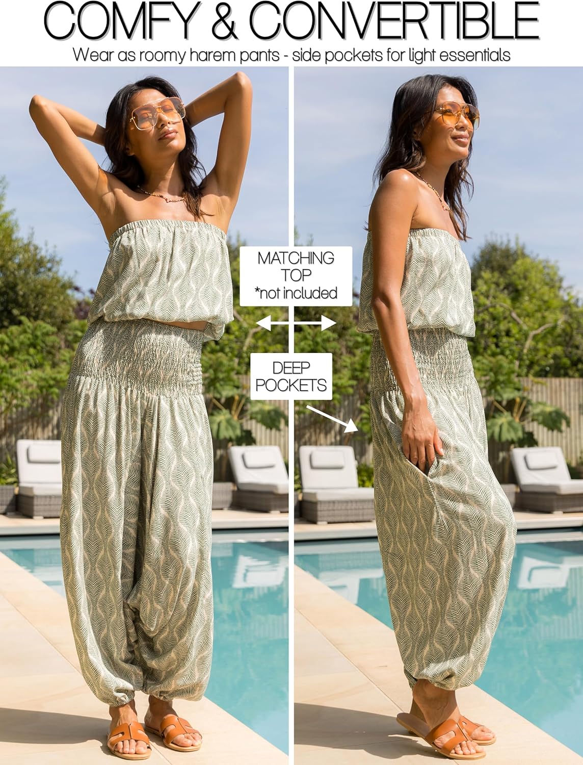 likemary Harem Pants for Women - Wide Leg Flowy Trouser Jumpsuit - Hippie Boho Style - Parachute and Pullup Jumper Combo