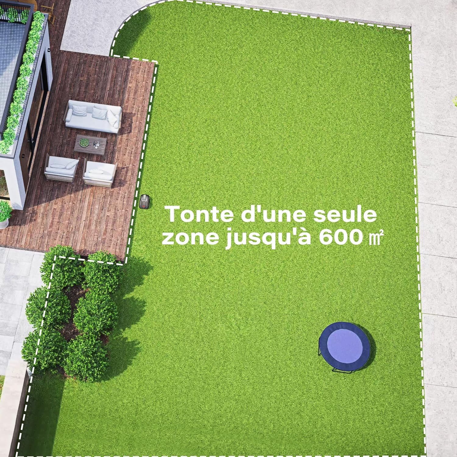 SUNTEK Robot cortacésped inalámbrico periférico – Robot Recortadora IA + visión para 600 m², tecnología IA cámara, Pendiente hasta 35°, estanqueidad IPX5, cartografía automática, multizonas, Control