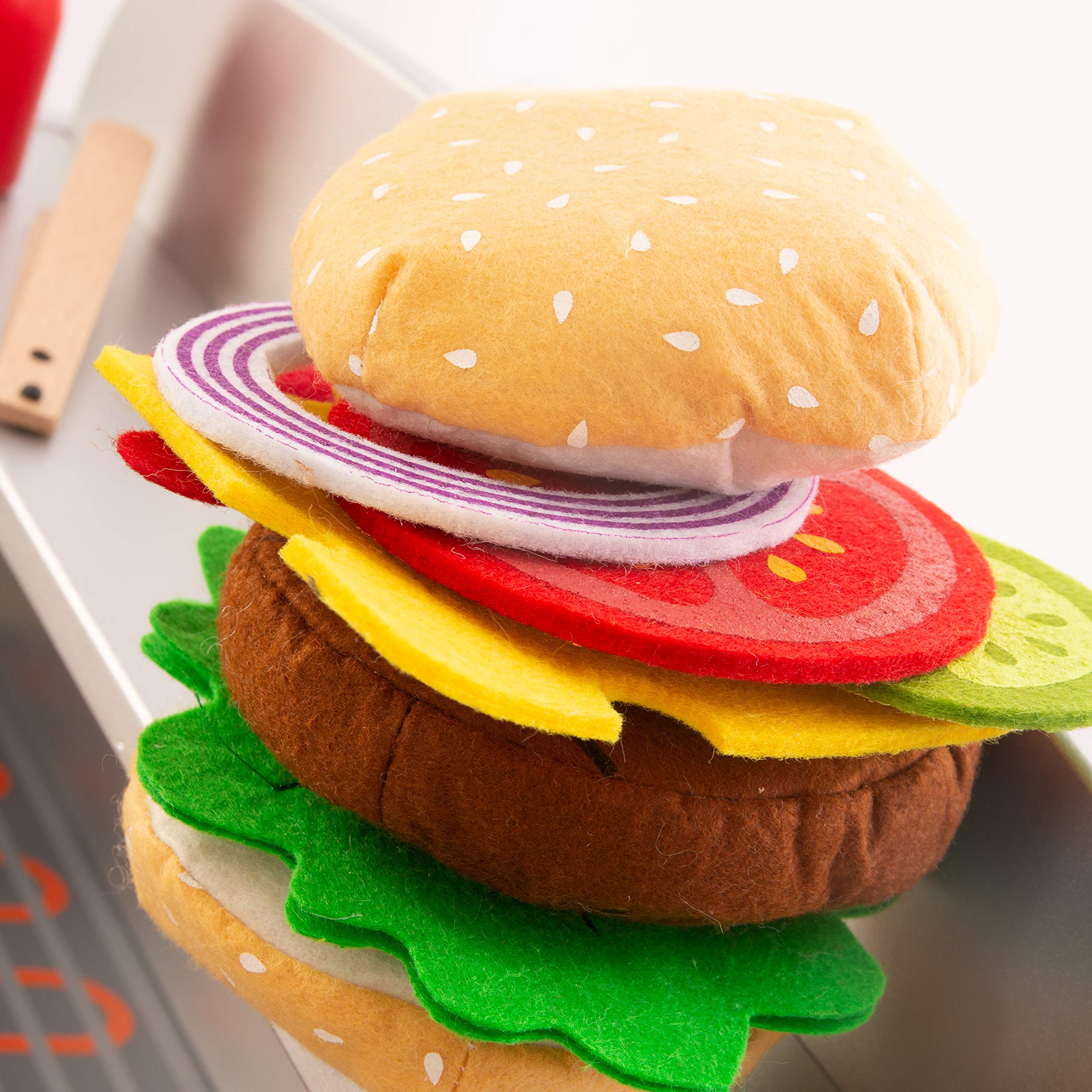 roba Jouet Barbecue en Bois pour Enfant - Cuisine Extérieure + 14 Pièces d'Accessoires et Ingrédients Burger en Peluche