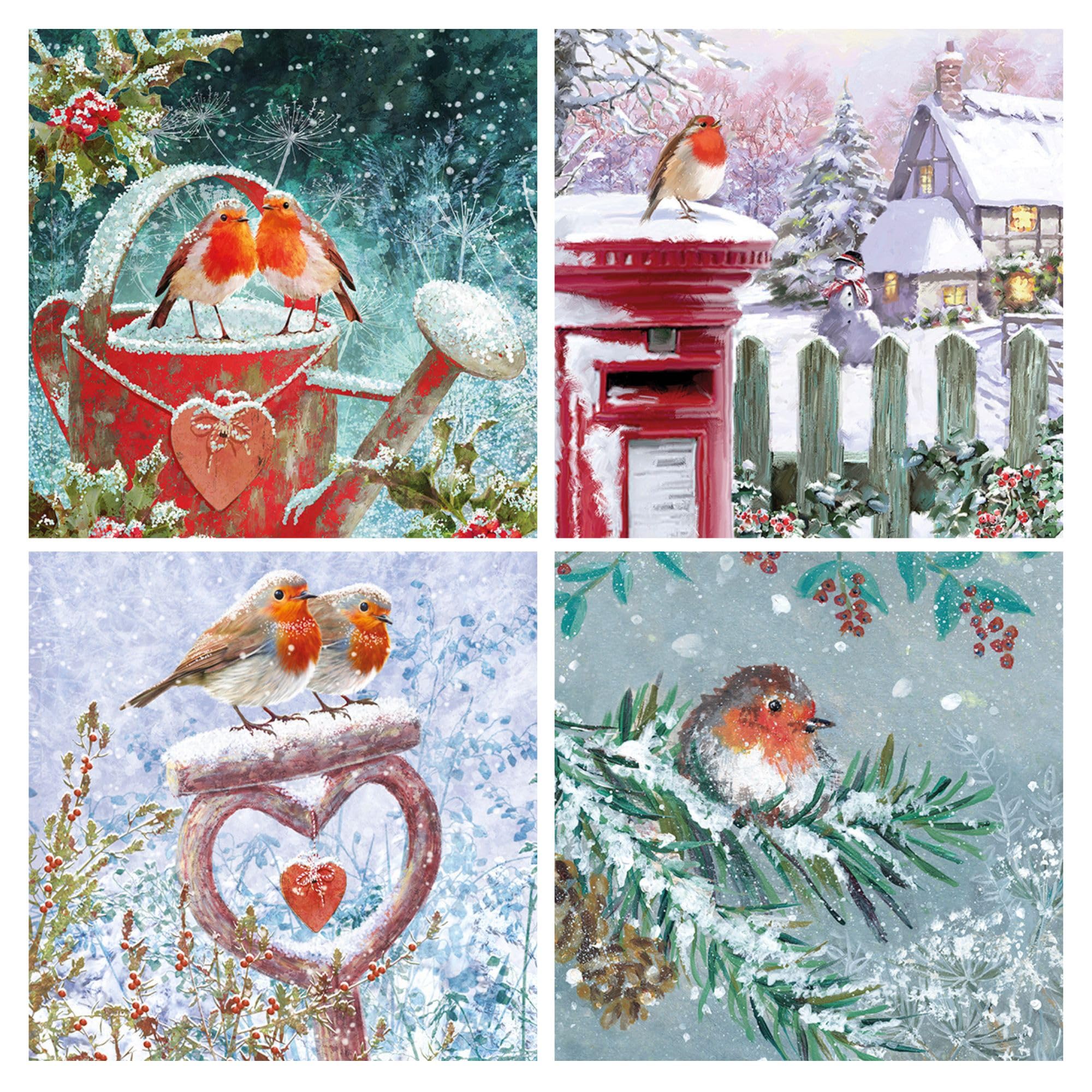 Noel Tatt Charity Christmas Cards Pack of 16 - Festive Robins in the Snow - Assorted Premium Greeting Cards Multipack with Envelopes - 4 Each of 4 Designs - Supporting UK Charities