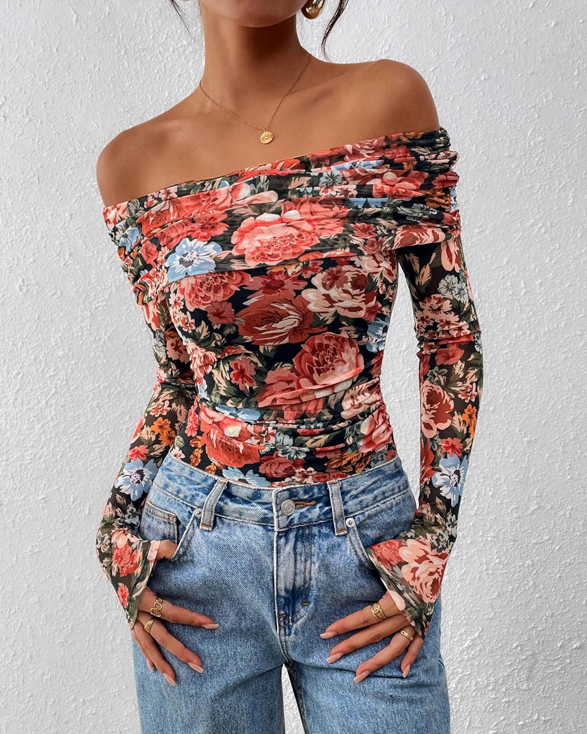 PRETTYGARDEN Womens Tops 2026 Spring Off The Shoulder Long Sleeve Fitted Y2k Shirts Floral Ruched Mesh Going Out Outfits - Image 3