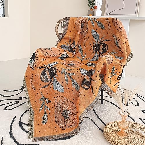 Manta bohemia reversible de algodón, tapiz bohemio hippie para decoración de habitación de doble cara (boho, abeja amarilla, 50 x 60 pulgadas)