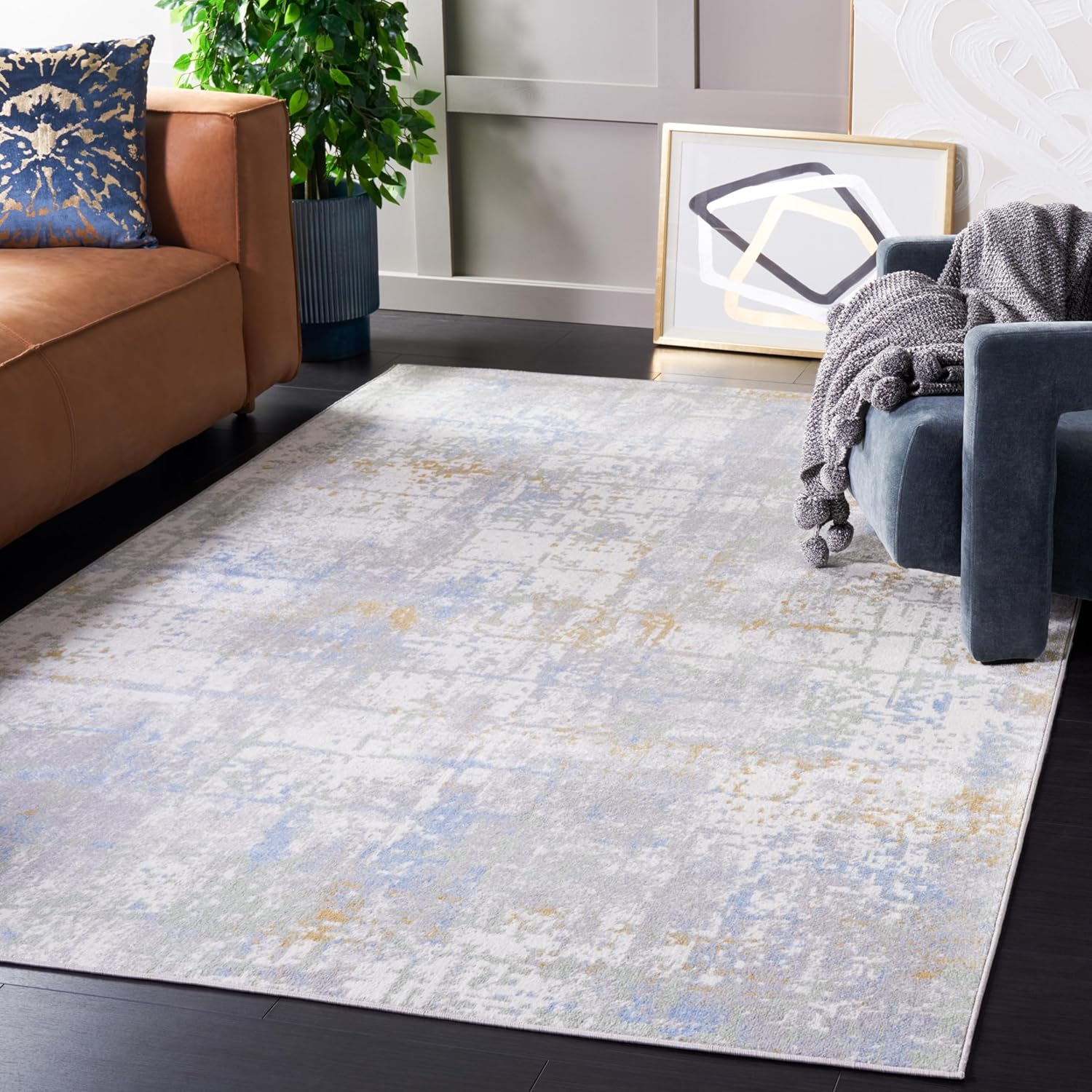 SAFAVIEH Washable Rug Bayside Collection - 4' x 6', Grey & Ivory Blue, Easy Cleaning, Ideal for in Living Room, Bedroom, Home Office, Dining Space (BAY122F)
