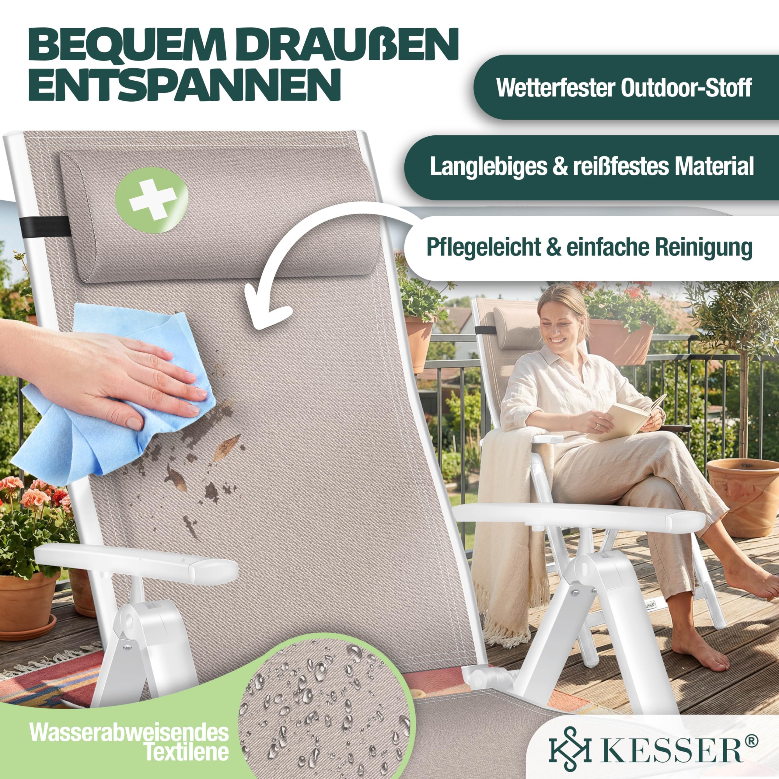 KESSER Sedia da giardino in alluminio pieghevole con cuscino e copertura, schienale regolabile 7 posizioni