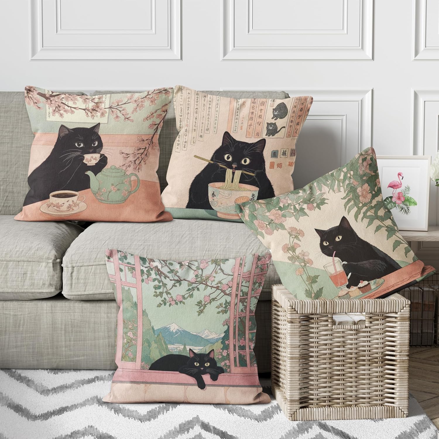 Japanese Black Cat Pillow Covers 18x18, Cat Lovers Mom Lady Gifts for Women, Vintage Japanese Food Floral Black Kitten Decorative Pillow Covers for Bedroom Living Room Home, Set of 4