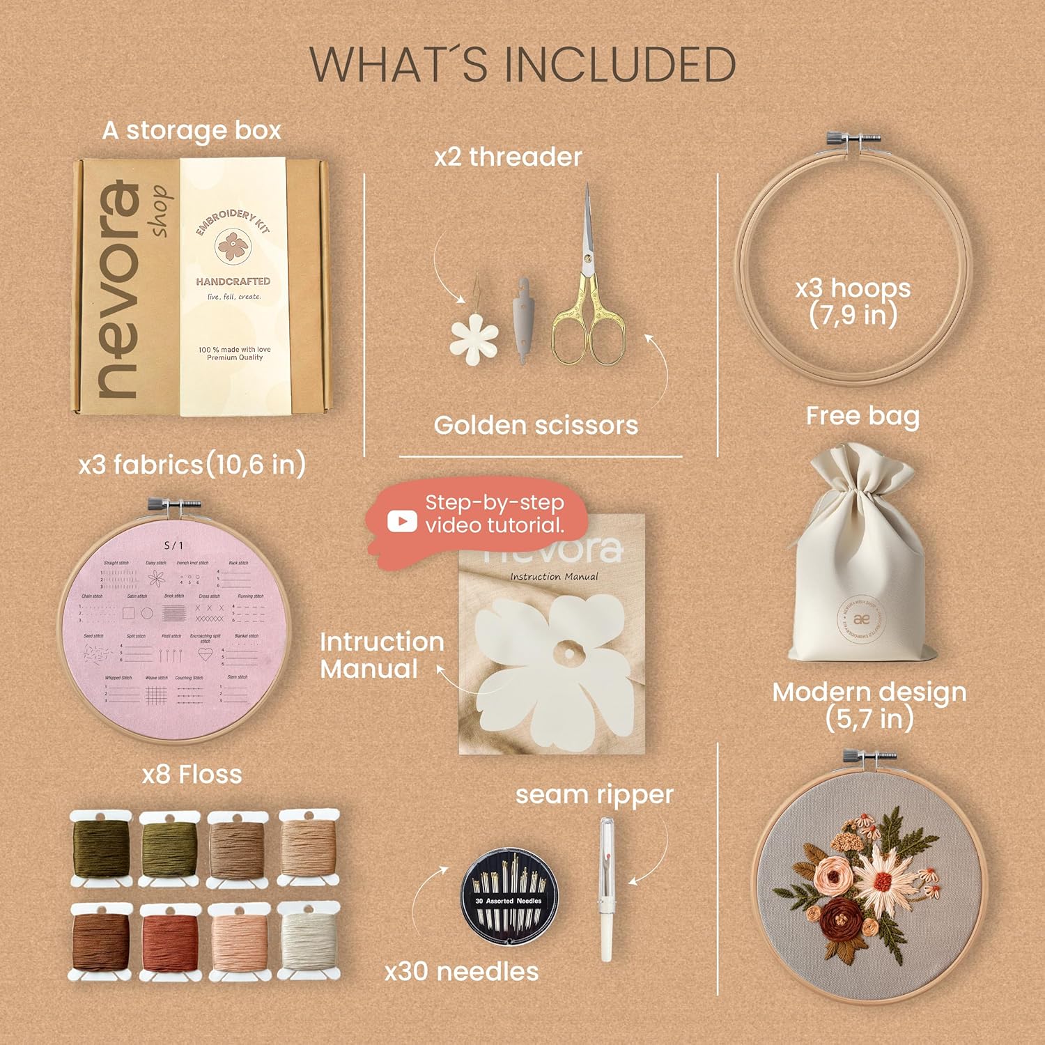 nevora shop 3 Hoop Embroidery Kit for Beginners Adults – Learn 32 Stitches with 3 Progressive Projects, Stamped Patterns, Video Tutorial & Free Organizer Bag.