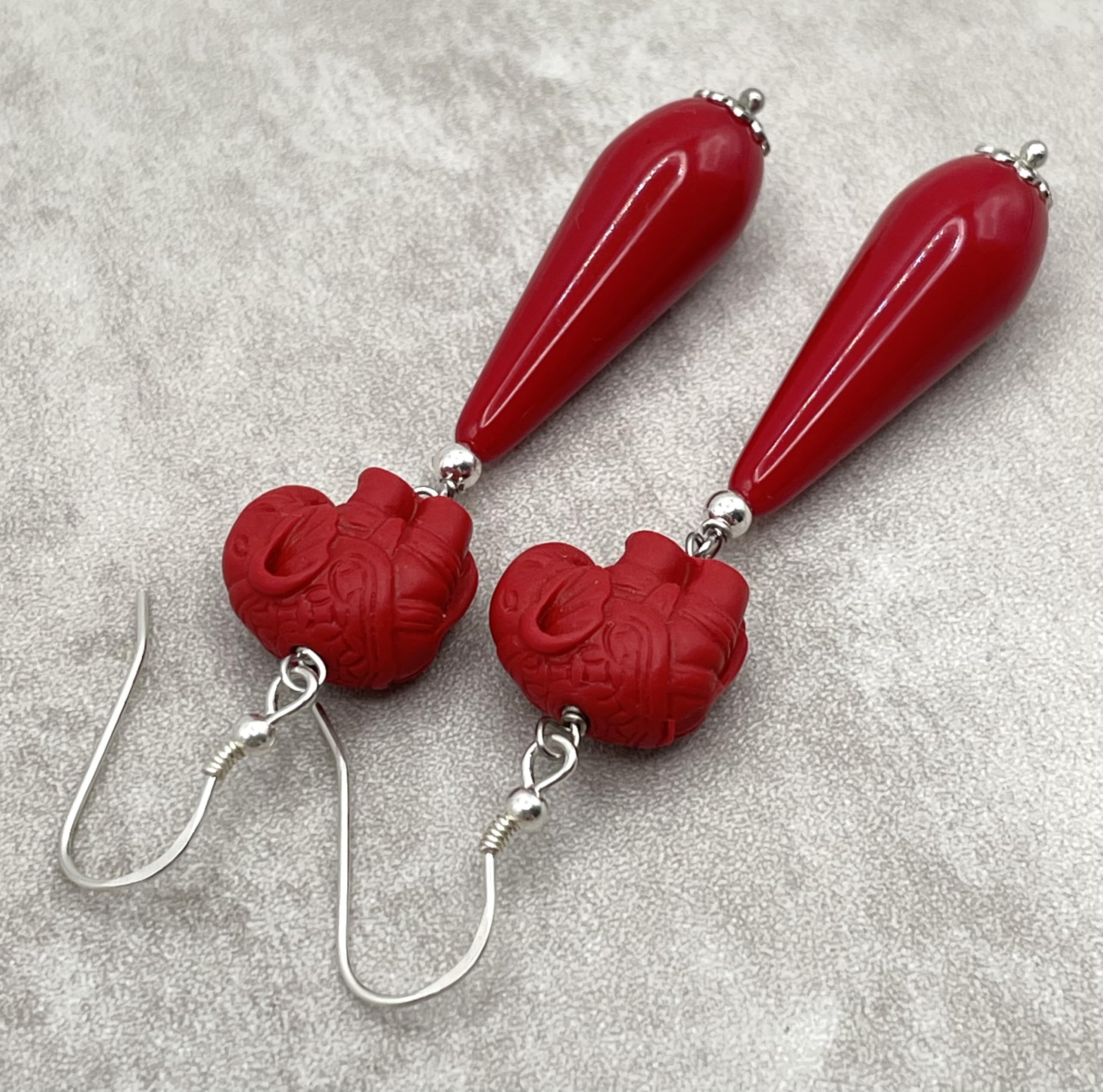 Orecchini con Elefanti in Lacca e Gocce Rosse, Pendenti in Argento 925, Gioielli Orientali, Bijoux Moderni, Regalo per Lei