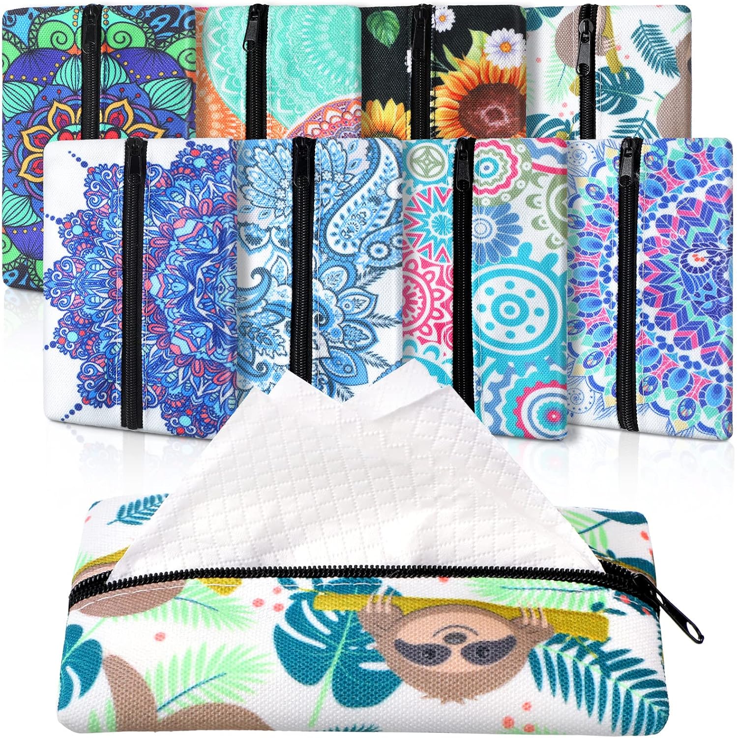 Fabbay 8 Pieces Purse Tissue Holder Reusable Travel Tissue Pouch Fabric Zipper Purse for Bag Car Office Home(Floral)