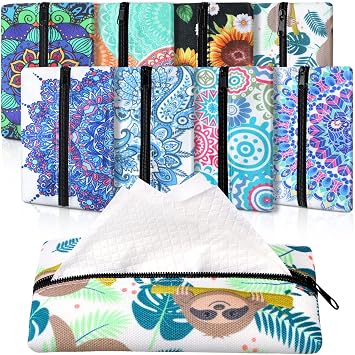 Fabbay 8 Pieces Purse Tissue Holder Reusable Travel Tissue Pouch Fabric Zipper Purse for Bag Car Office HomeFloral