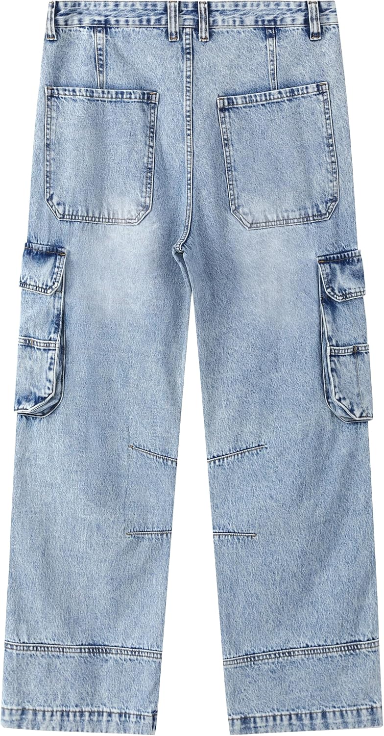 Men's Non-Stretch Loose Fit Wide-Leg Baggy Cargo Jeans Pants - Image 6