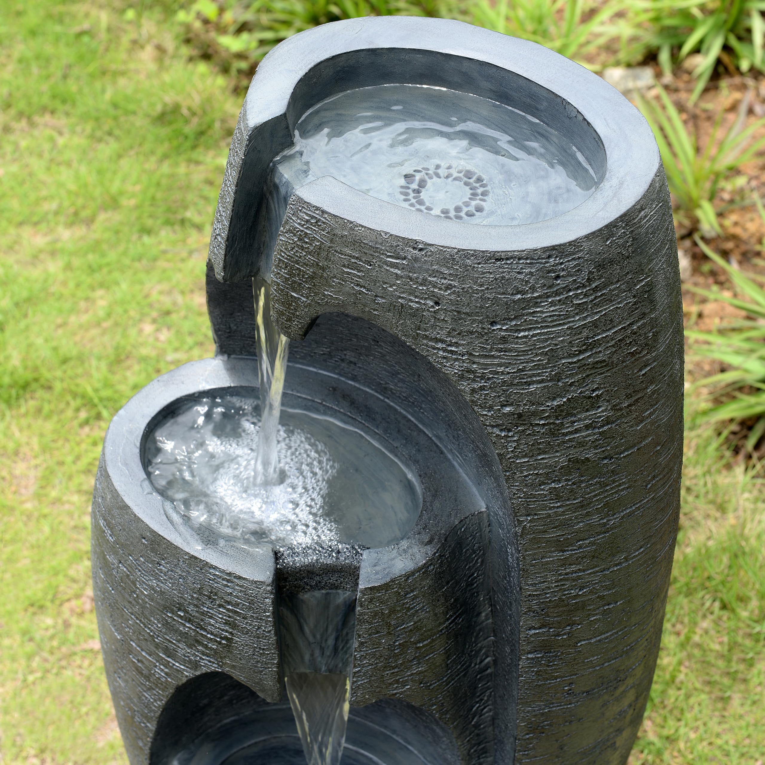 Teamson Home Garten Outdoor Brunnen Moderner 3-stufiger Kaskaden-Urnenbrunnen mit LED-Lichtern, Einstellbarer Fluss, schwarzes Steinoptik-Finish