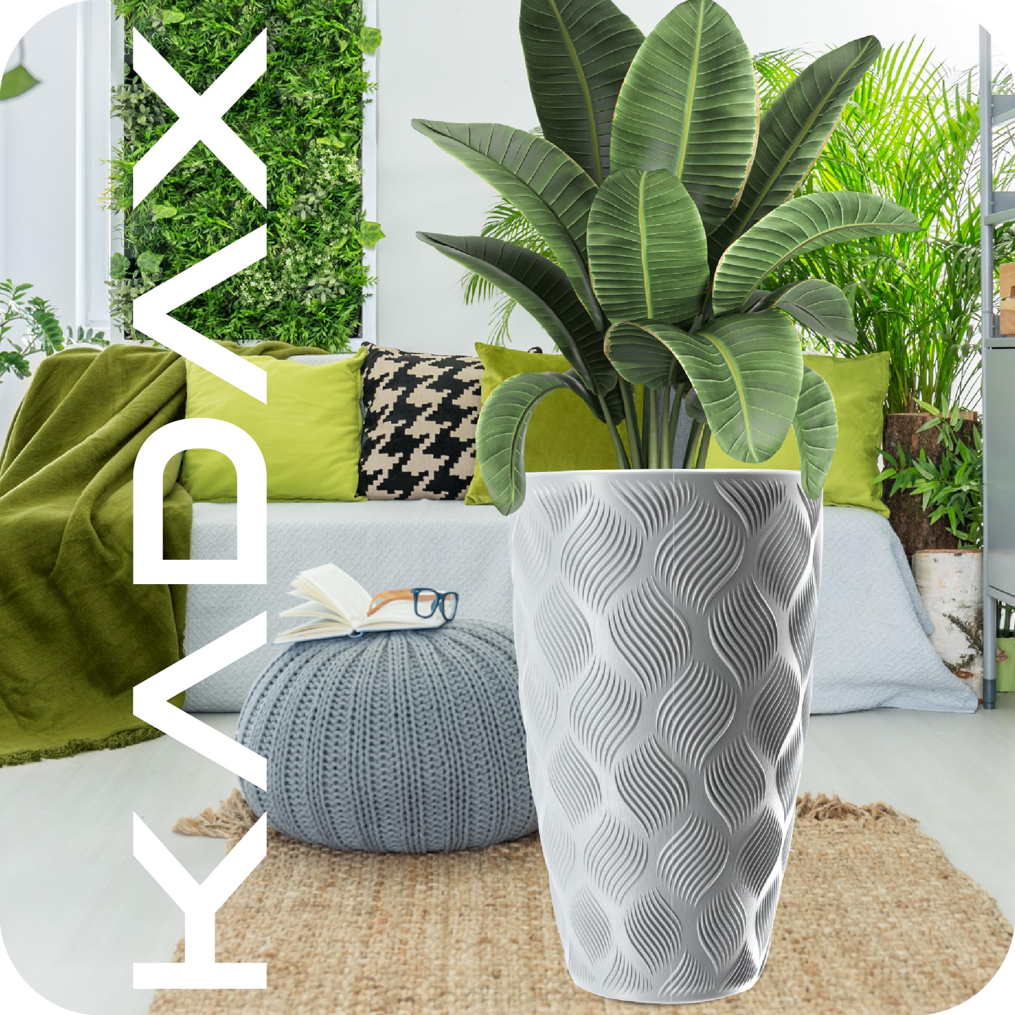 KADAX Vaso da fiori con inserto e manici, vaso in plastica in 5 misure, resistente ai raggi UV, resistente alle intemperie, vaso alto, vaso con effetto 3D (grigio, altezza: 58,5 cm)