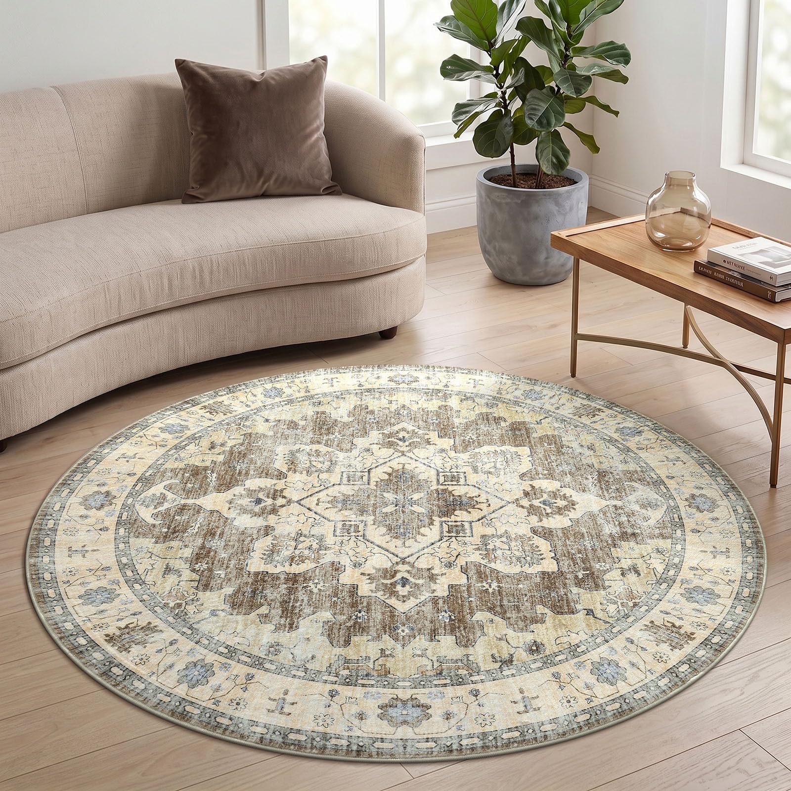 Homaxy Vintage Rugs Living Room Washable Anti Slip Small Rug Low Pile Boho Lounge Carpet for Bedroom, Nursery, Kitchen - 120 cm Round, Taupe Beige