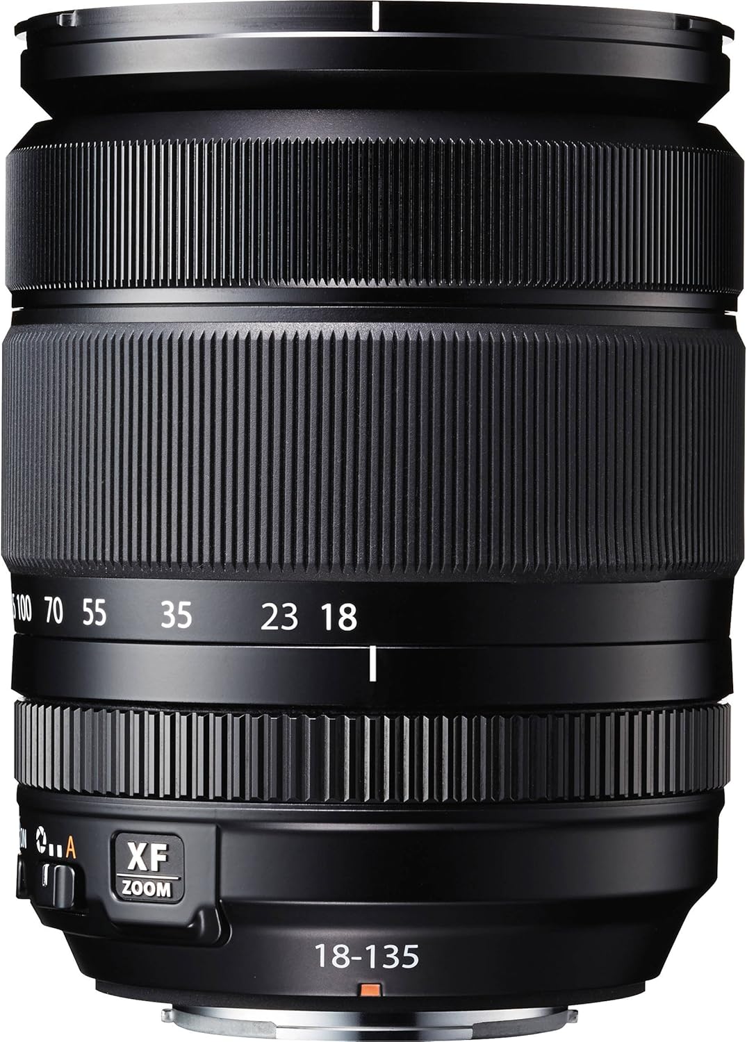 Close-up view of the Fujifilm Fujinon XF18-135mmF3.5-5.6 R LM OIS WR lens showing zoom and focus rings