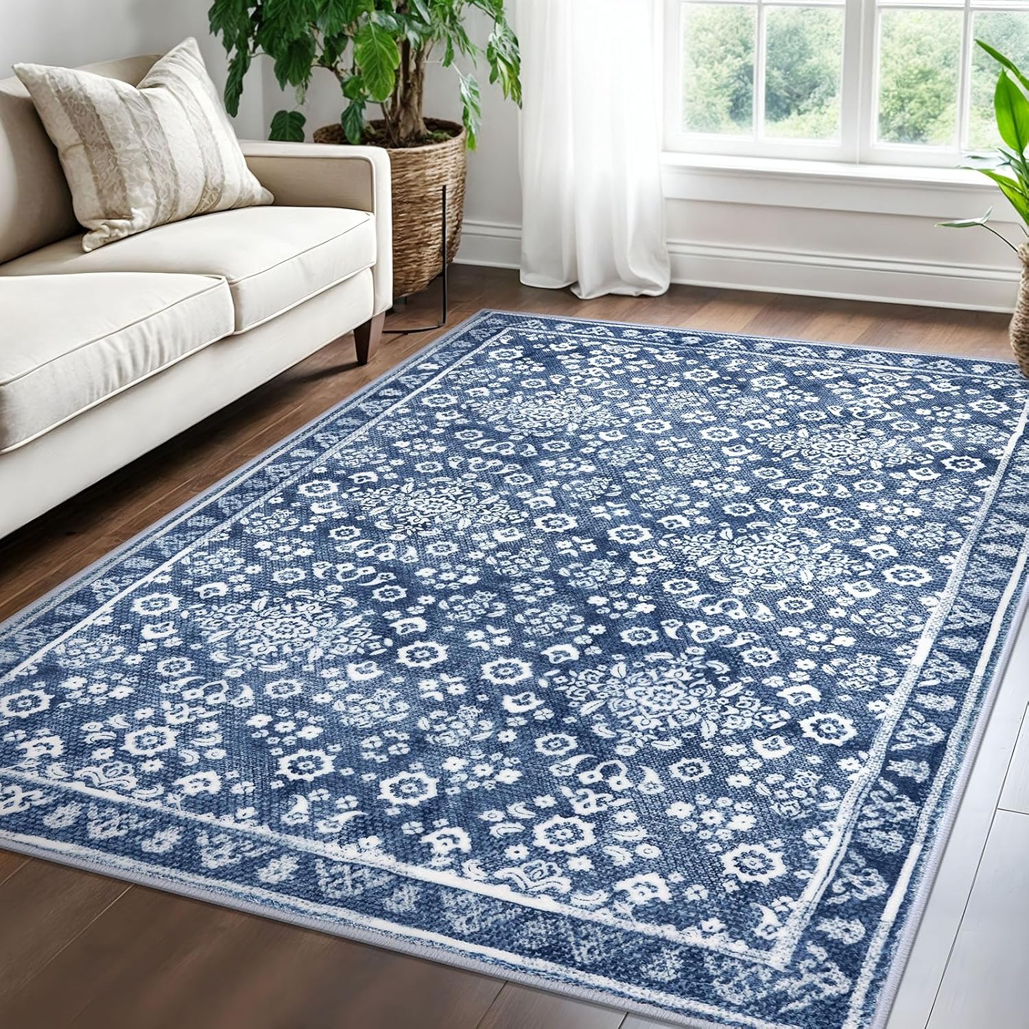 Vintage 5x7 Area Rug, Denim Blue White Washable Living Room Area Rug Non-Slip Thin Printed Faux Wool Floor Super Soft Carpet Throw Rugs for Bedroom Dining Room Playroom Indoor Office