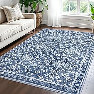 Vintage 5x7 Area Rug, Denim Blue White Washable Living Room Area Rug Non...