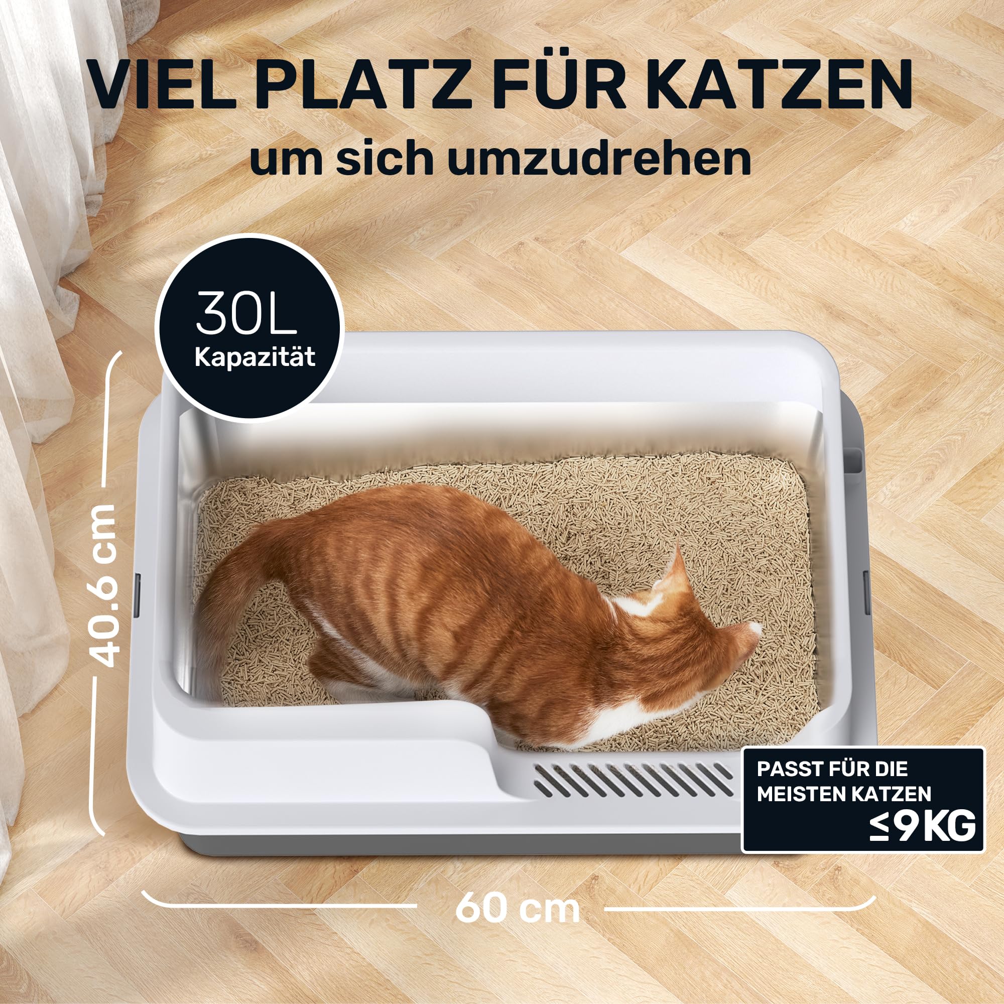FUKUMARU Katzenklo Edelstahl XXL, Hohe Seitenwände Katzentoilette, 30L Große Kapazität Auslaufsicher mit Zwei Beuteln Katzenstreu, Nicht-Haftend, Einfache Reinigung, Inklusive Schaufel，60x40x30cm