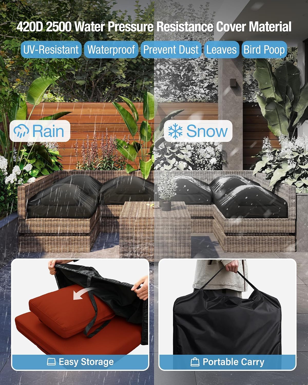 YEFU Patio Furniture Cushions Waterproof: Patio Cushions for Outdoor Furniture Olefin Fabric Fade-Resistant & All Weathe - Outdoor Sectional Replacement Couch for 6-Seat Rattan Wicker - Storage Bag