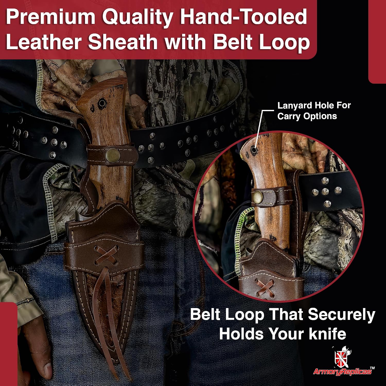 Armory Replicas™ - Dense Twist Design Damascus Steel Rose Thorn Pattern Hunting Knife with Hand-Tooled Leather Sheath, Perfect for Camping, Outdoor Adventures, and Survival