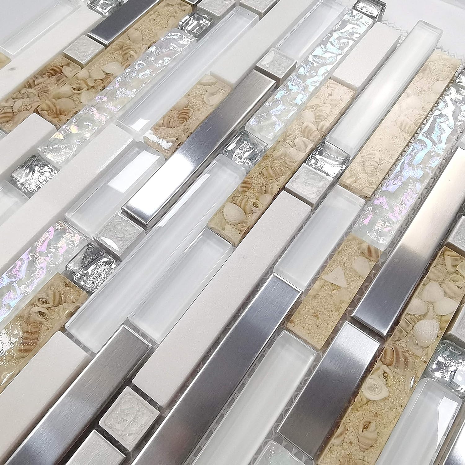 Blасk Frіdау - 70% оƒƒ Bathroom Wall Mosaic Tiles White Stone Tile Backsplash Iridescent Stainless Steel Kitchen Conch Subway Materials [Pack of 11PCS(12.4x11.8x0.31 Inches/Each)]